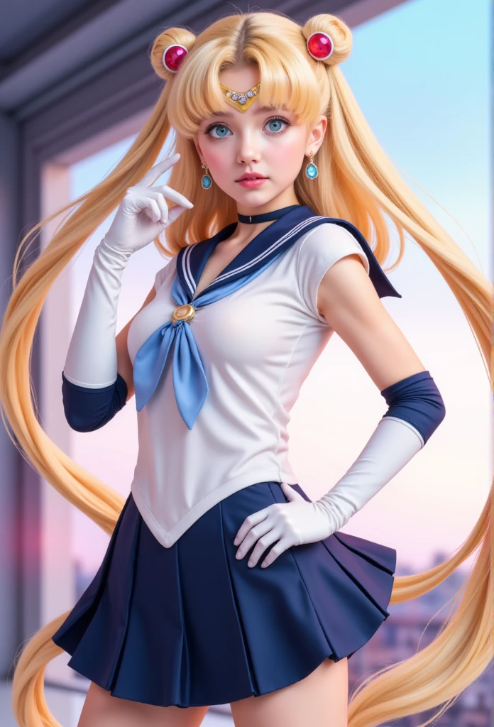 close up,  1 girl, Sailor Suit, Tsukino Usagi, (Sailor Suit chiseki uniform:1.2), (Aqua eyes:0.9), blond,  medium length hair , Wedge Skirt,  Best quality, earrings, masterpiece, high resolution,  intricate details , (Practical)), photography, (White elbow gloves:1.1), Jewelry, Medium breasts, whole body, Dynamic Background, Dynamic poses, White