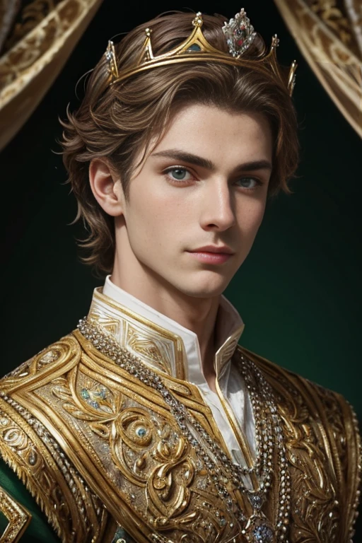 
 A delightful portrait of a handsome Slavic prince,  Characteristics of fantastic beauty  , charming look, shining eyes, wearing a crown of diamonds and jewels ,  Encrusted with floral crystals  ,  Ultra-detailed  ,Beautiful and majestic  ,green background.