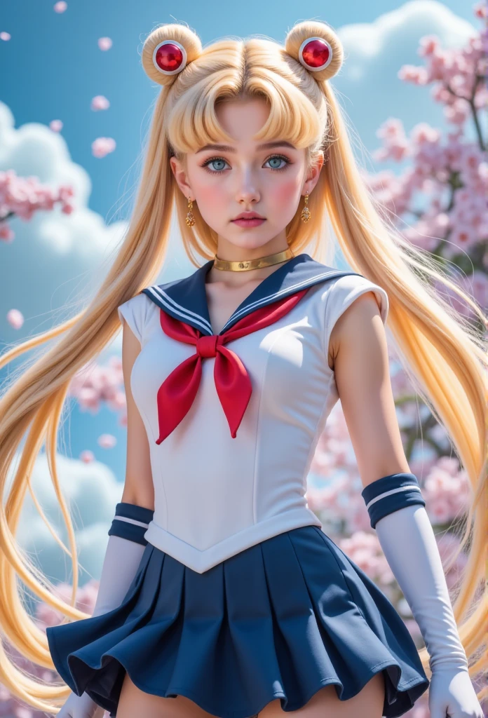 close up,  1 girl, Sailor Suit, Tsukino Usagi, (Sailor Suit chiseki uniform:1.2), (Aqua eyes:0.9), blond,  medium length hair , Wedge Skirt,  Best quality, earrings, masterpiece, high resolution,  intricate details , (Practical)), photography, (White elbow gloves:1.1), Jewelry, Medium breasts, whole body, Dynamic Background, Dynamic poses, White