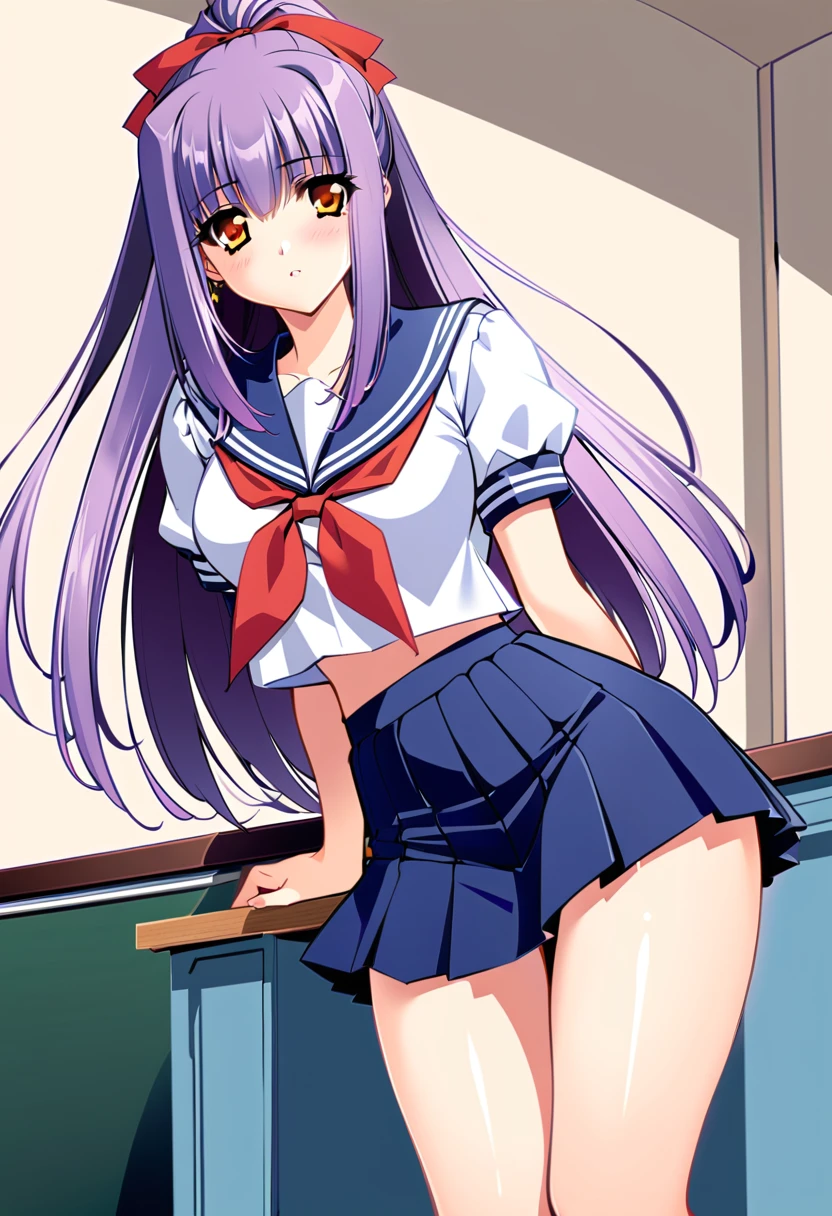 Suzuna Kuraki, 1 girl,Alone,、(Sailor suit、Navy Skirt)、Thighs、Long Hair, ponytail,Red ribbon,(Purple Hair),,Orange Eyes,classroom、 cowboy shot、