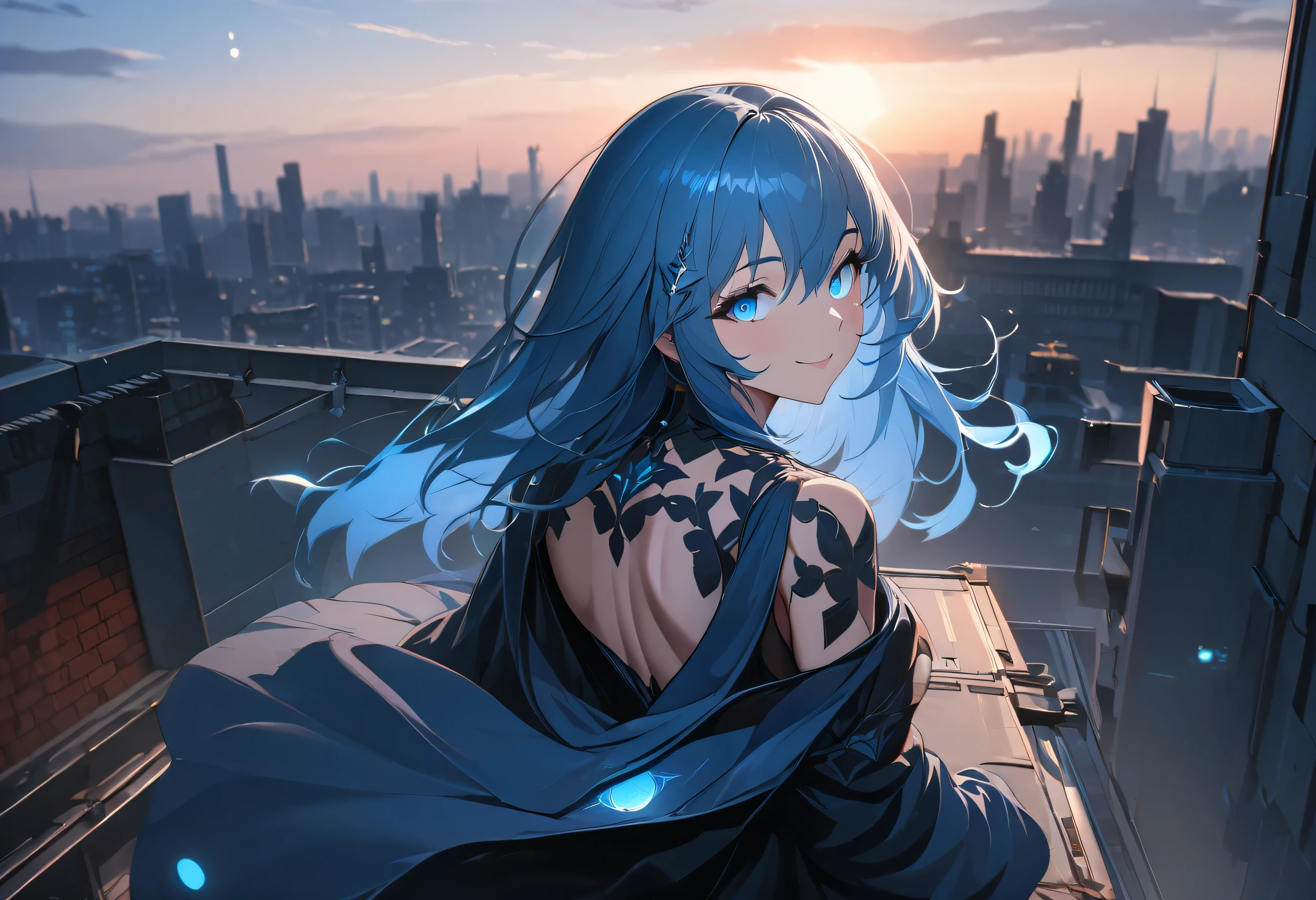 quality, semi-realistic anime, masterpiece, best quality, detailed picture, HD32k, SPPolitis, 1girl, blue eyes, blue glowing eyes, looking at viewer, from back, rooftop, morning, citys, 1 sun, smile, 9 am
