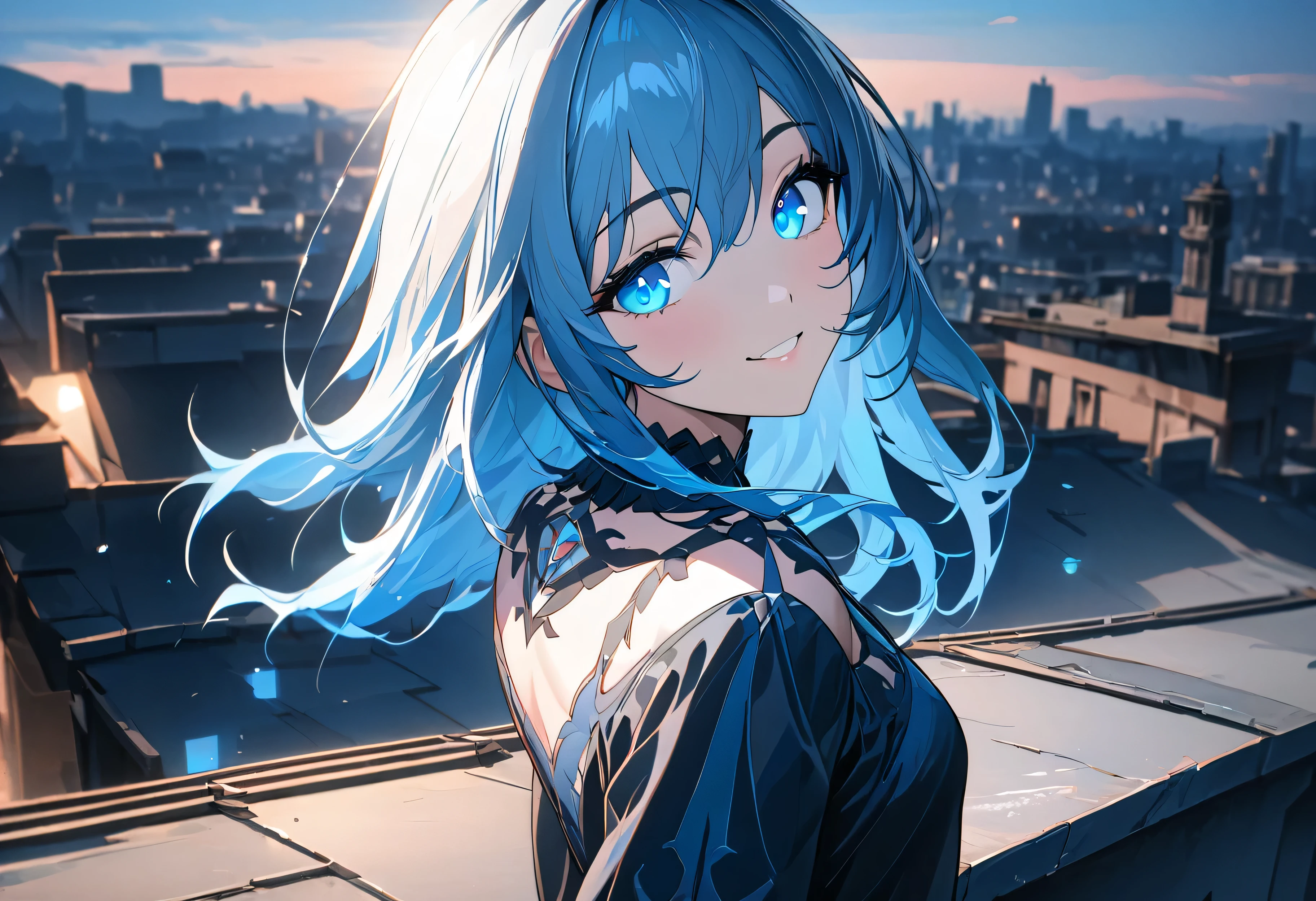 quality, semi-realistic anime, masterpiece, best quality, detailed picture, HD32k, SPPolitis, 1girl, blue eyes, blue glowing eyes, looking at viewer, from back, rooftop, morning, citys, 1 sun, smile, 9 am
