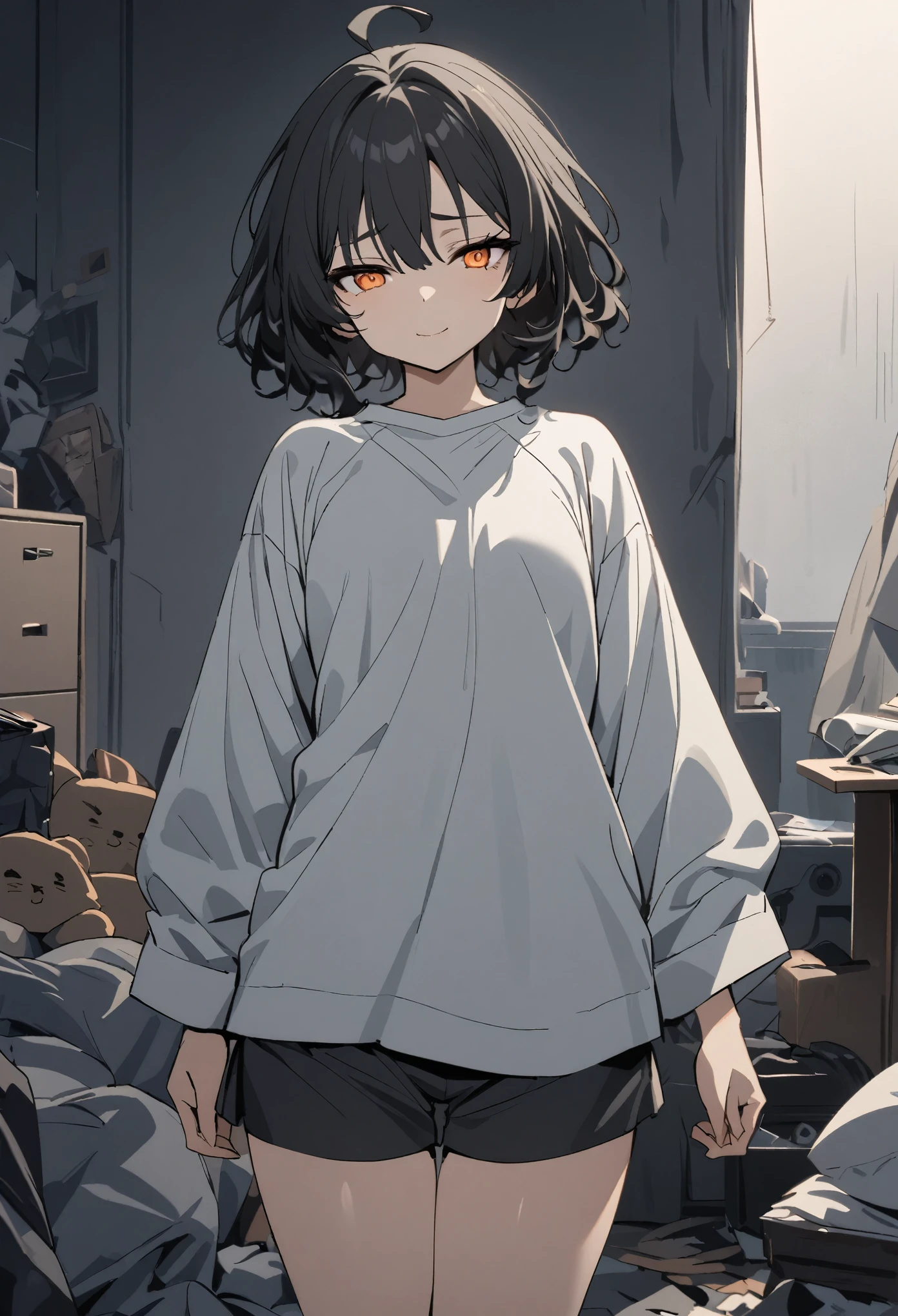 (high-quality, breathtaking),(expressive eyes, perfect face) 1girl, female, solo, mature, half open eyes, Alicization, Symmetrical Eyes, gentle smile, Short hair, SAO inspired, maomao, cowboy shot, medium full shot, short black hair, bangs, alluring orange eyes, flat chested, baggy shirt, black white and gray palette, gray clothes, hair between eyes, fluffy wavy hair, half open eyes, small Ahoge, black hair color, messy room background, black shorts, sleepy face, rubbing one ey