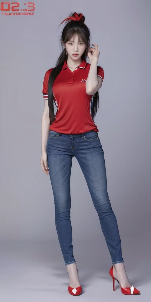 Hot Korean woman wearing red tennis polo, blue skinny tight jeans, and red high heels. Full body from head to toe. Standing in a full height from head to toe. 8k HD resolution best quality. Studio Background 