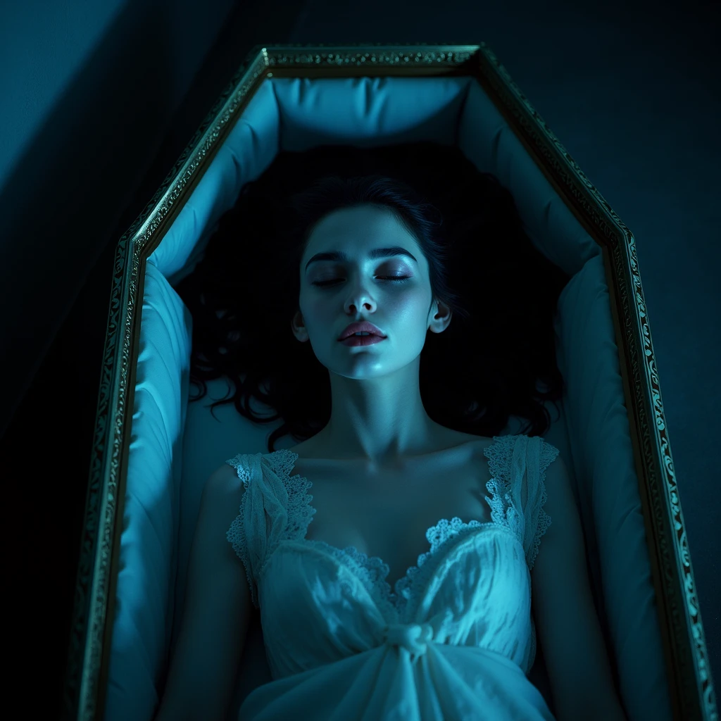 Elizabeth Olsen sleeping in a coffin,,barefoot,Two people