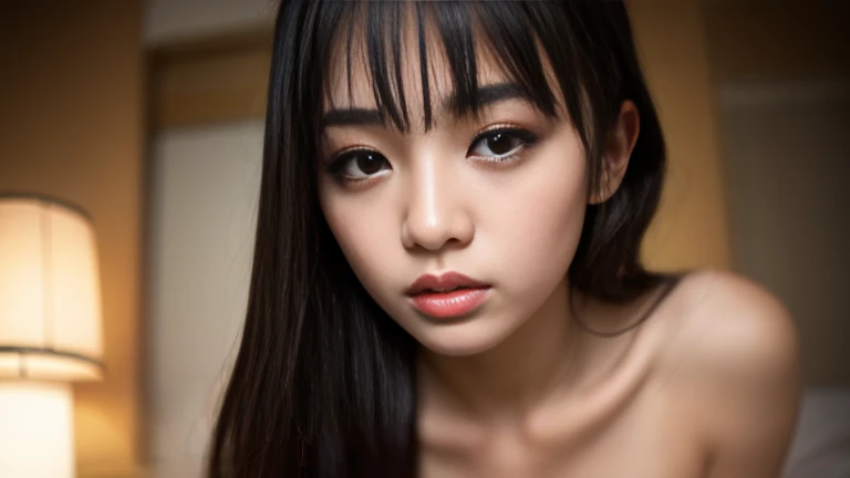 a young japanese girl, full body nude, masterpiece, frontal view, masturbating, pubic hair, sweating, black nipples, petite breasts, climax, skinny, fingering pussy, detailed face, beautiful eyes, beautiful lips, extremely detailed face, long eyelashes, realistic, photorealistic, 8k, best quality, high resolution, cinematic lighting, dramatic lighting, warm color tones, cinematic composition, digital painting