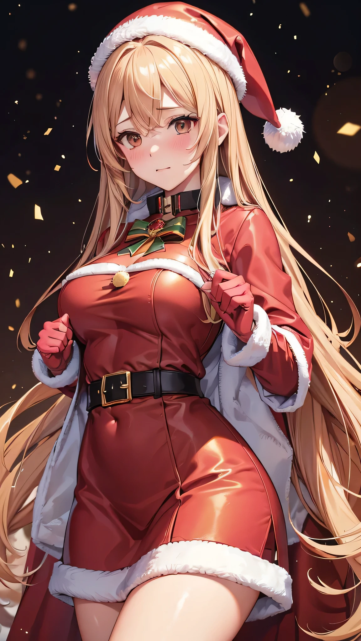 Adult women, Alone, sexy,8K resolution,((Best Quality)),Ultra-high resolution, ( embarrassed face ), ( Brown Eyes ), A beautiful, symmetrical face, (Golden straight long hair),pink Santa Claus coat,First Volume,gloves,Santa Claus's Red Skirt,Realistic:1.4,Realistic:1.4,(masterpiece:1.2),Perfect Eyes,Perfect Eyes,Perfect waist,Perfect thighs,Anatomically correct human body,winter,evening