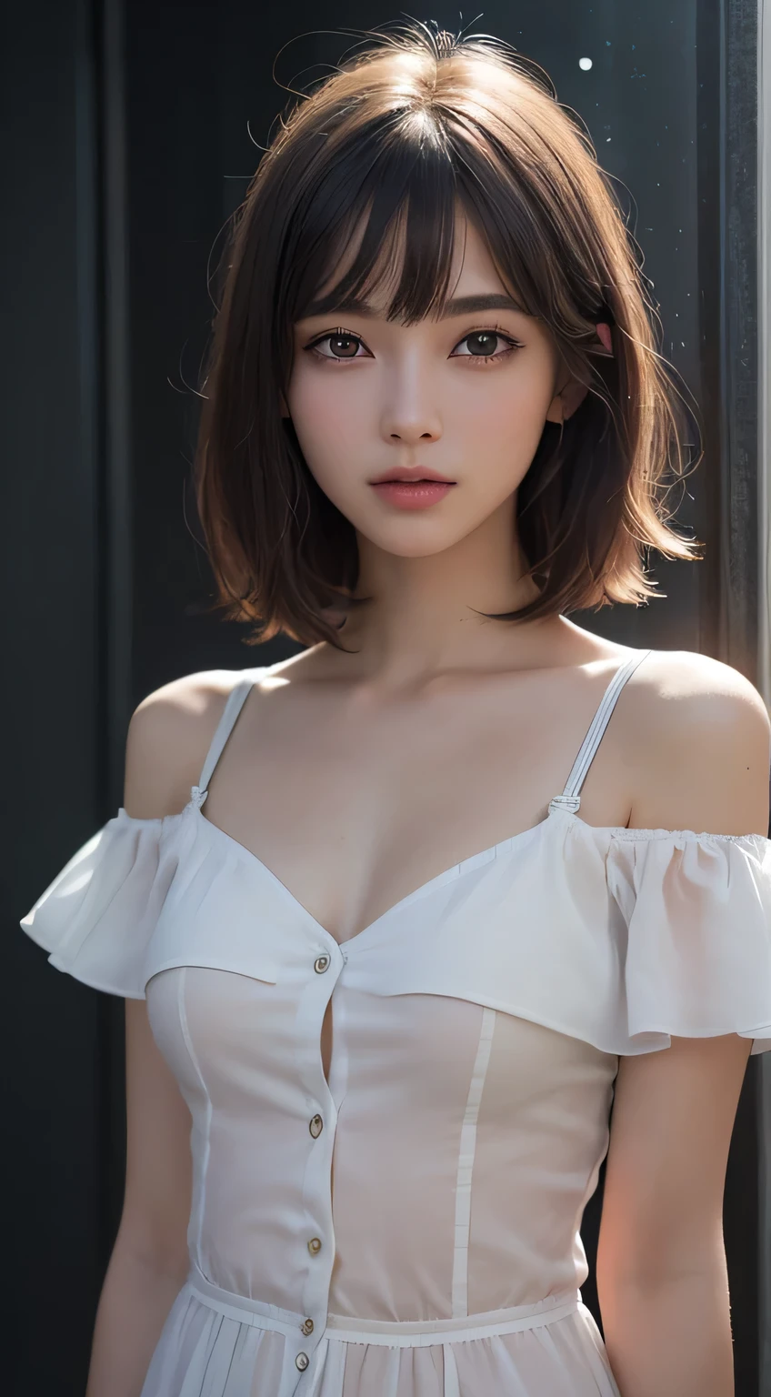 dreamy ambiance, ultrasharp, studio shoot、close up of face、(White Lace Ruffled Shirt Dress:1.2), (large chest with increased tension:1.3), Focus on the chest、Enhanced body、realisitic、Photo Real、extremely detailed cute girl、17 age、japaneelancholy look, large full breasts、A dark-haired、Hair braids、thick bangs、Night, neons, Digital SLR, Looking at Viewer, natural, Candid, Sophisticated, zora々Right, Professional Lighting, Film grain, chromatic abberation, (Bokeh:1.1)