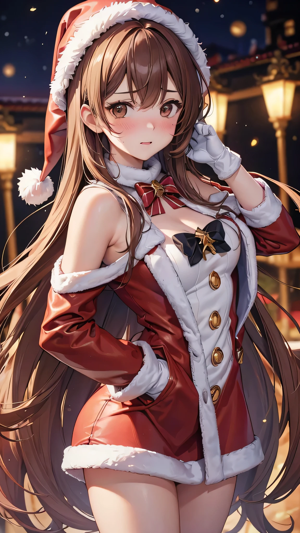 Adult women, Alone, sexy,8K resolution,((Best Quality)),Ultra-high resolution, ( embarrassed face ), ( Brown Eyes ), A beautiful, symmetrical face, (Golden straight long hair),pink Santa Claus coat,First Volume,gloves,Santa Claus&#39;s Red Skirt,Realistic:1.4,Realistic:1.4,(masterpiece:1.2),Perfect Eyes,Perfect Eyes,Perfect waist,Perfect thighs,Anatomically correct human body,winter,evening