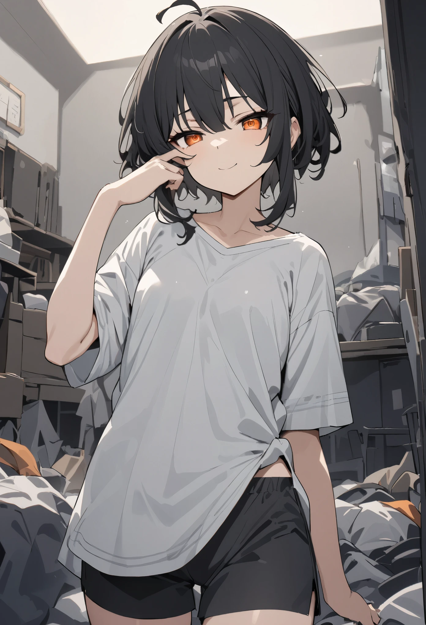 (high-quality, breathtaking),(expressive eyes, perfect face) 1girl, female, solo, mature, half open eyes, Alicization, Symmetrical Eyes, gentle smile, Short hair, SAO inspired, maomao, cowboy shot, medium full shot, short black hair, bangs, alluring orange eyes, flat chested, baggy shirt, black white and gray palette, gray clothes, hair between eyes, fluffy wavy hair, half open eyes, small Ahoge, black hair color, messy room background, black shorts, sleepy face, rubbing one eye