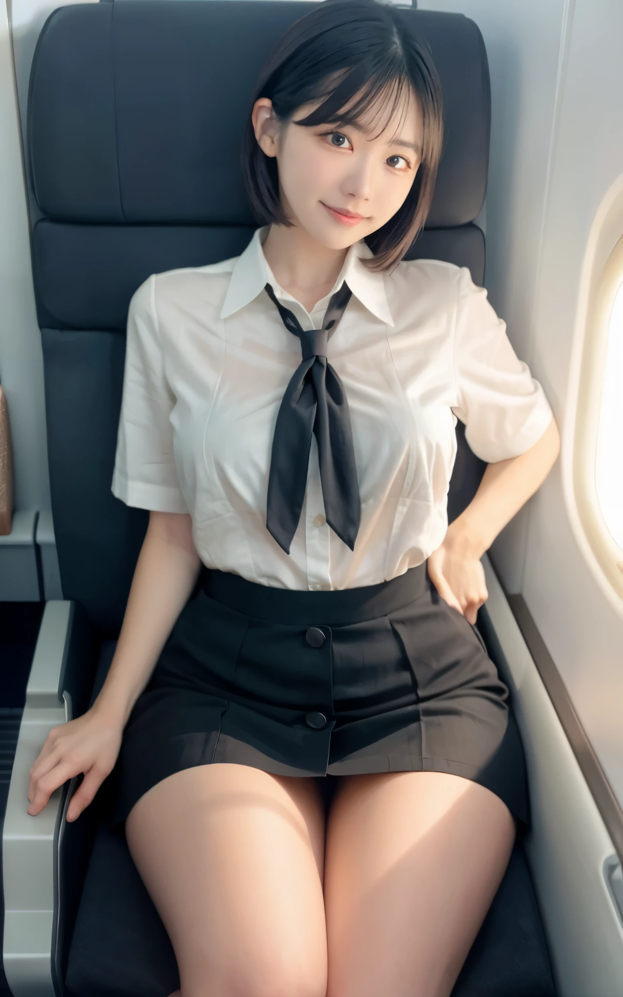 smile,one japanese cabin attendant, milf, 40yo, (masterpiece, Highest quality, 8K, RAW Photos, beautifully, aesthetic:1.2), Intricate details, indirect lighting, Realistic,
whole body, Sitting on a chair on the plane, Staring at the viewers, Voyeur, 
 Square neck button-down linen sundress, 
 Training women, neckerchief, mini skirt, thick tight:0.75, Chair to sit under skirt,