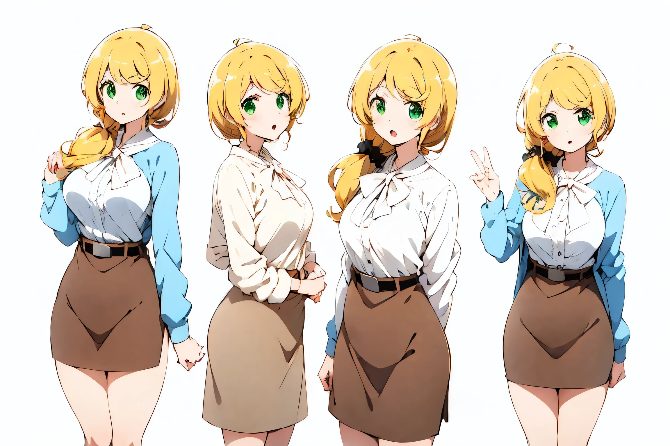 ellenbaker, ellen baker, blonde hair, (green eyes:1.5), long hair, ponytail, scrunchie, open mouth, BREAK shirt, white shirt, collared shirt, cardigan, blue cardigan, belt, skirt, brown skirt, pencil skirt, BREAK indoors, classroom, BREAK looking at viewer, (cowboy shot:1.5), BREAK (masterpiece:1.2), best quality, high resolution, unity 8k wallpaper, (illustration:0.8), (beautiful detailed eyes:1.6), extremely detailed face, perfect lighting, extremely detailed CG, (perfect hands, perfect anatomy), (((fullbody)))