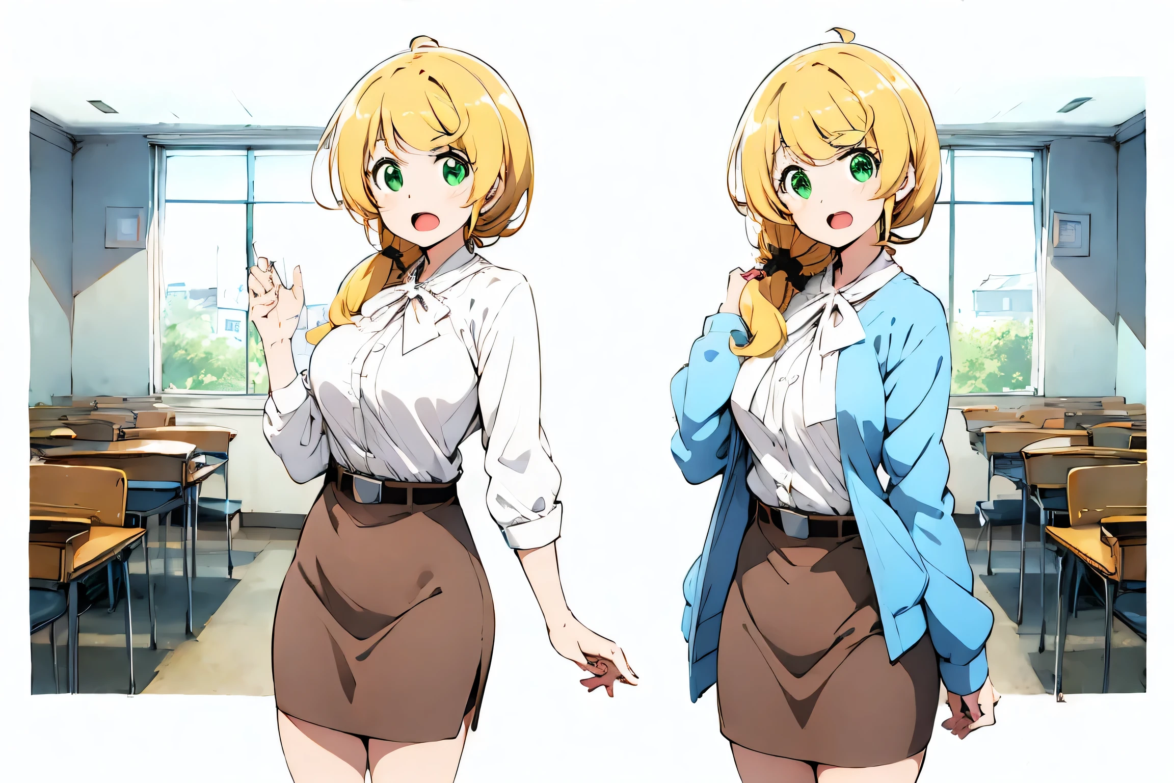 ellenbaker, ellen baker, blonde hair, (green eyes:1.5), long hair, ponytail, scrunchie, open mouth, BREAK shirt, white shirt, collared shirt, cardigan, blue cardigan, belt, skirt, brown skirt, pencil skirt, BREAK indoors, classroom, BREAK looking at viewer, (cowboy shot:1.5), BREAK (masterpiece:1.2), best quality, high resolution, unity 8k wallpaper, (illustration:0.8), (beautiful detailed eyes:1.6), extremely detailed face, perfect lighting, extremely detailed CG, (perfect hands, perfect anatomy), full body