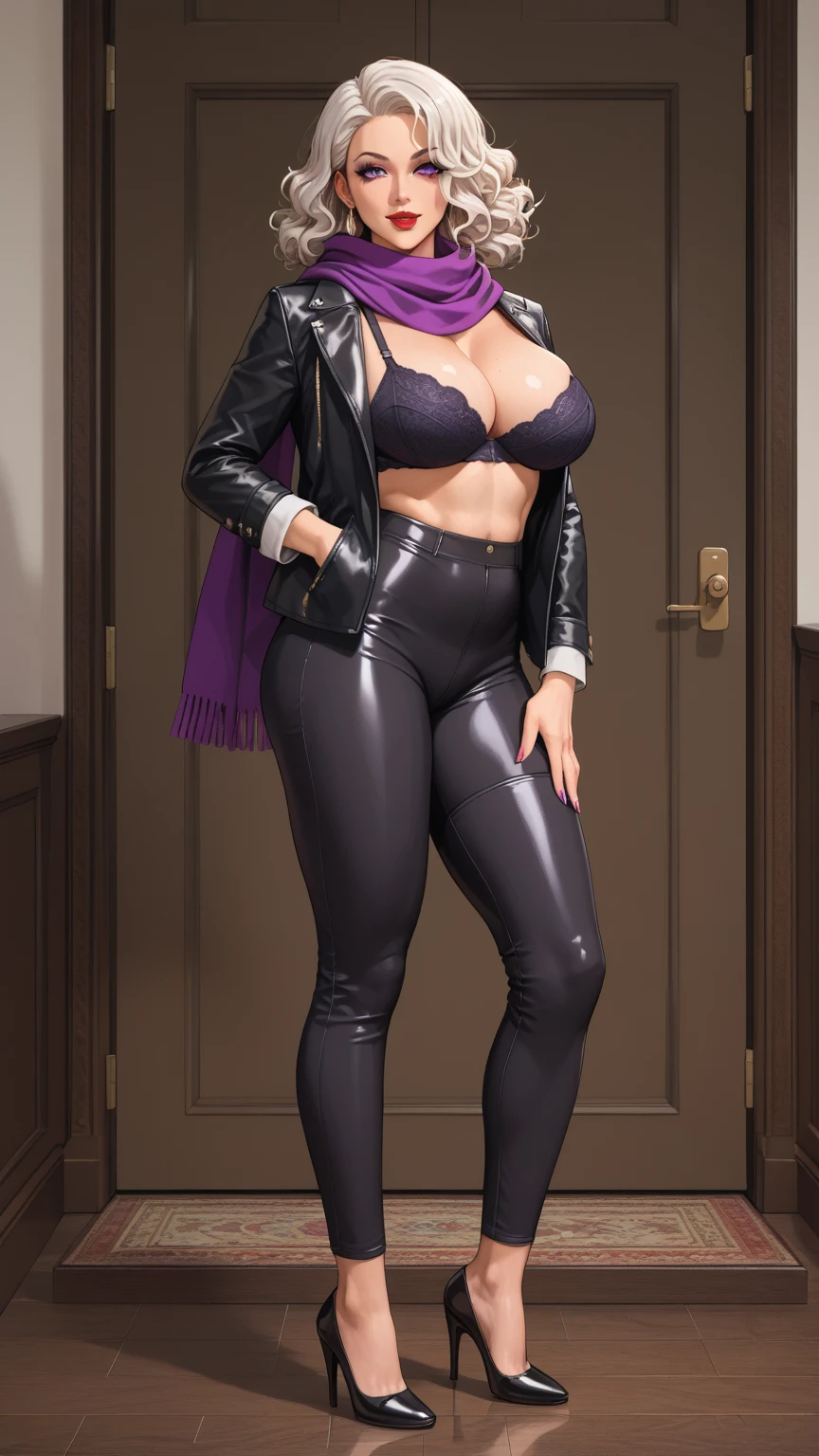 1girl, necklace, long_hair, jewelry, breasts, rating:explicIt, cleavage, high_heels, standing, hand_on_hip, bangs, large_breasts, there is a woman that is standing in a hallway with a purple shirt, wearing tight simple clothes, casual pose, realistic shaded perfect body, tight outfit, standing elegant pose, wearing elegant casual clothes, realistic anime 3 d style, realistic artstyle, casual business outfit, photorealistic perfect body, wearing casual clothes, casual clothes, elegant girl in urban outfit