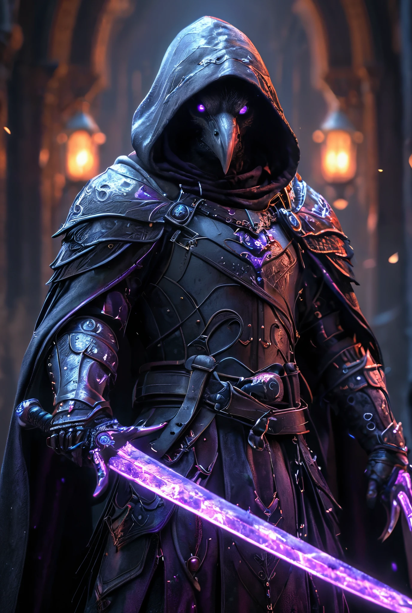Dark fantasy photo of a cloaked anthropomorphic raven, dual wielding daggers defensively, dynamic combat defense pose, hooded, glowing eyes, dark, long metal crows beak with ornate engravings, heavily detailed assassins creed style leather cloak with dark purple trim, leather attire, straps around torso and chest holding throwing knives, dynamic posing, combat pose, detailed background, gothic, shadows, dark victorian background, Illustration, Character Design, Conceptual Art, Hyperdetailed, High Resolution, Masterpiece, Best Quality, UHD, Super Detailed, Silhouette, Drop Shadow, Cinematic Lighting, Gothic Art, dual swords