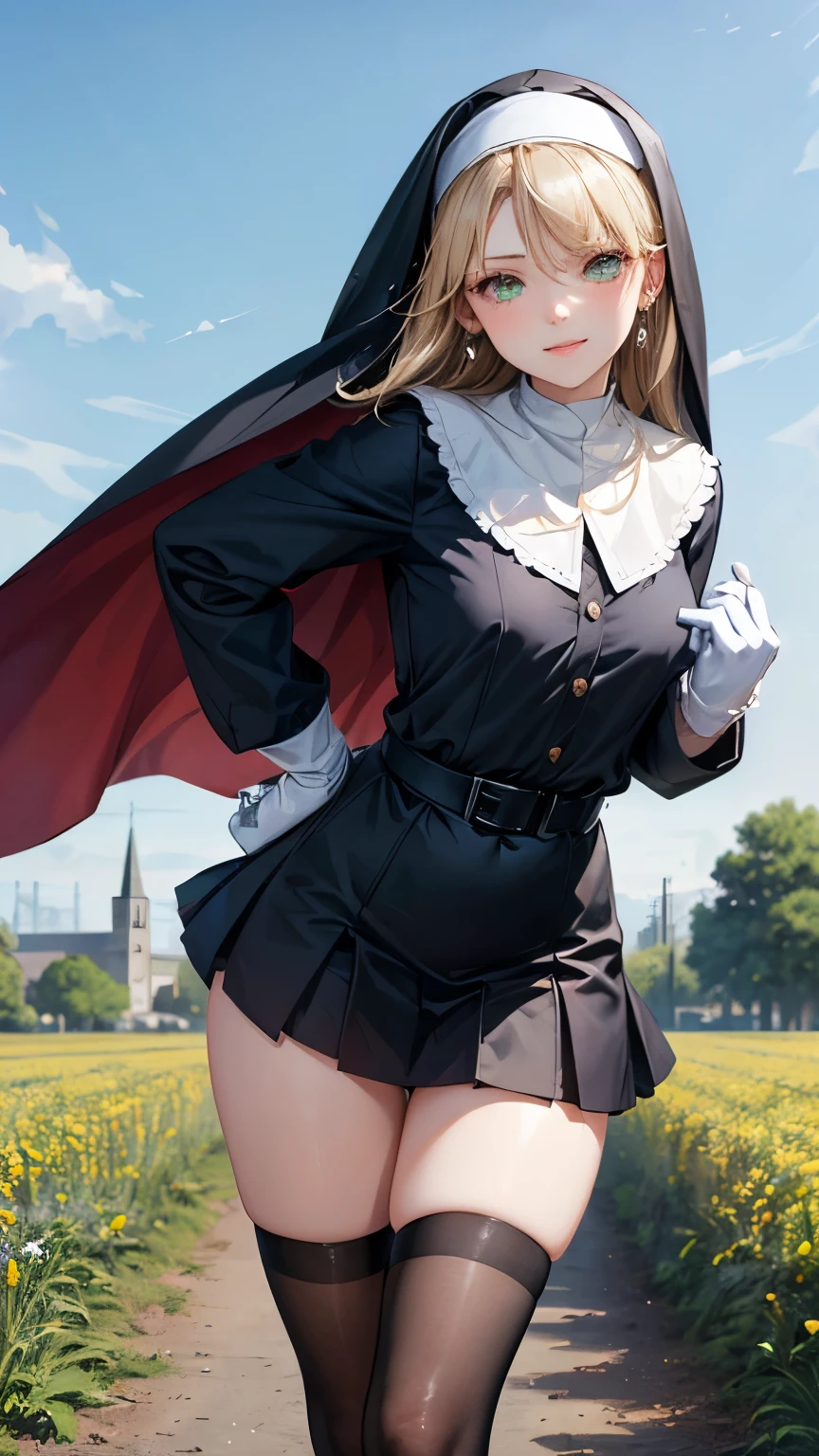 1 girl,Blonde long hair,((Hide one eye)),((Clear green eyes)),((Nun in religious garb)),((4K,8k,CG Unity,Masterpiece,masterpiece,Best Quality:1.5)),Official image,Perfectly correct anatomy,((Realistic:1.2)),Bust Up,((Staring at the camera with a gentle smile )),((Pose where you lean forward and fold your hands behind your back)),A pose that attracts men,Perfect beautiful girl,Beautiful woman,Supermodel, Beautiful Detailed Skin Texture ,Beautiful Lips,Very detailed acrylic painting,Very beautiful and smooth hair, Pro Lighting,Perfectly correct hand shape, Black Pleated Micro Mini Skirt,Black thigh-high stockings,Black pumps,White gloves,Small sparkling earrings,blue sky, church and flower field background,Very strong wind