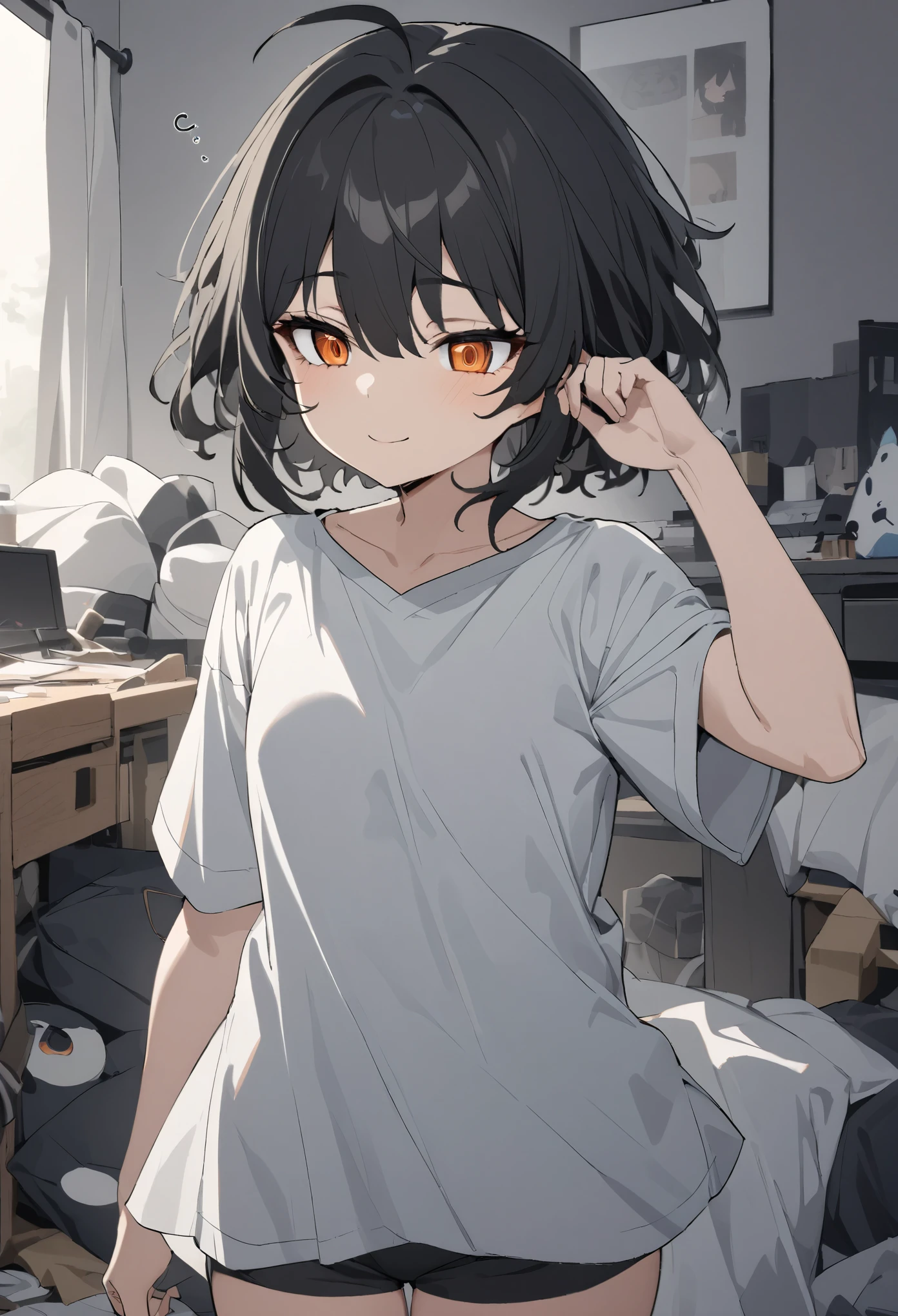 (high-quality, breathtaking),(expressive eyes, perfect face) 1girl, female, solo, mature, half open eyes, Alicization, Symmetrical Eyes, gentle smile, Short hair, SAO inspired, maomao, cowboy shot, medium full shot, short black hair, bangs, alluring orange eyes, flat chested, baggy shirt, black white and gray palette, gray clothes, hair between eyes, fluffy wavy hair, half open eyes, small Ahoge, black hair color, messy room background, black shorts, sleepy face, rubbing one eye