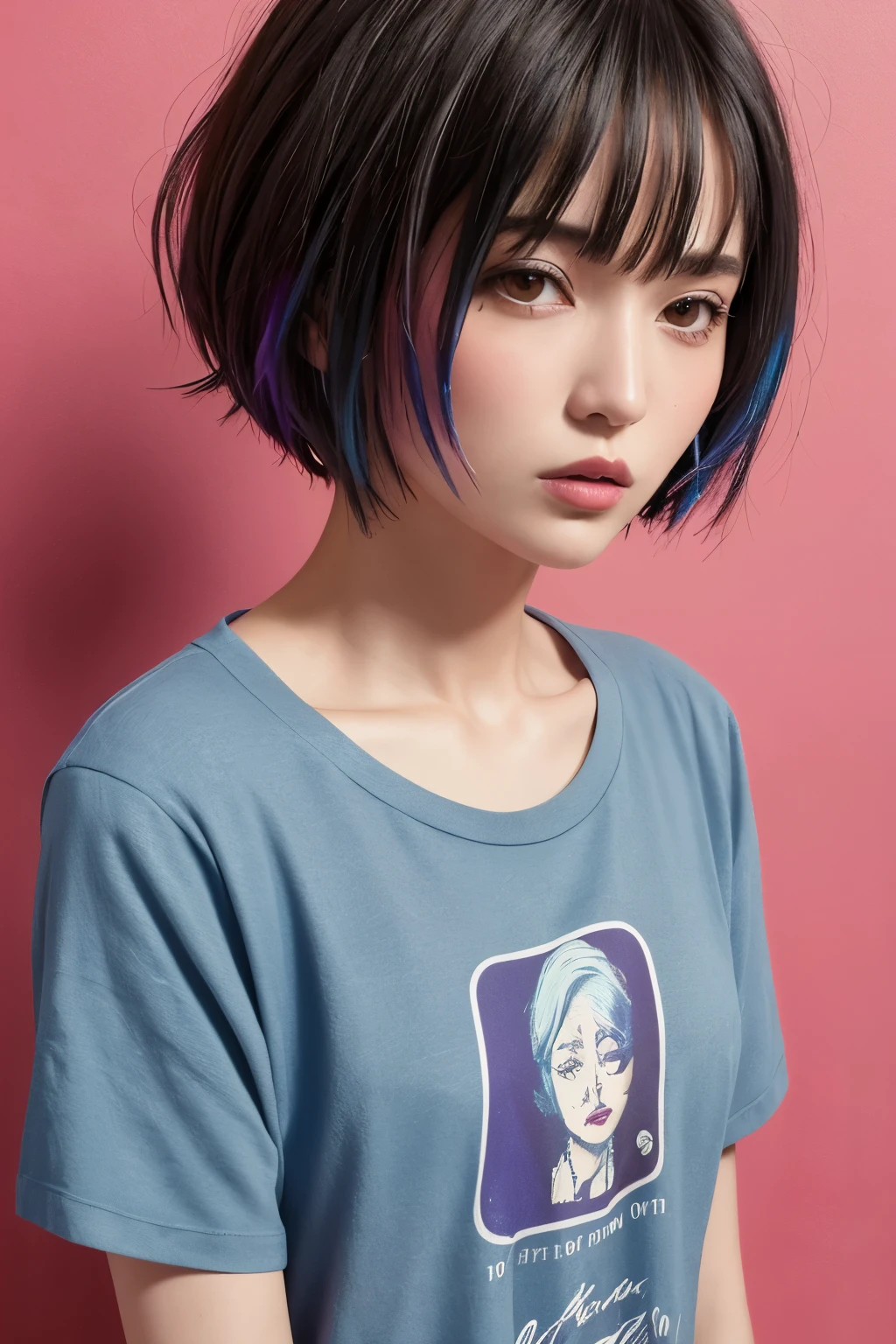 1 girl, Beautiful vintage color, watching viewer (Bright long white oversized t-shirt (plain color), instagram (Photorealistic, High Resolution: 1.4), ((green colored eyes)), full - body (8K, RAW photo, Best Quality, Masterpiece: 1.2), (Realistic, Photorealistic): 1.37), (soft focus: 1.2), Professional lighting, Photon mapping, radiosity, physically based rendering, (White Skin Skin: 1.2), (Small: 1.2), viewer's gaze, (Medium Hair: 1.5), Portrait, Purple eye, (rose hair: 1.1), Bangs, (Simple background: 1.4), 独奏, upper-body, Realistic, (Masterpiece: 1.4), (Best Quality: 1.4), (glossy skin), fashionable woman, makeup, Smile (Skinny, mouth closed, Shy: 1.3), (Standing, plain long white oversized t-shirt and black mini skirt), Medium bust, Front pillar, Hands folded behind his back, White wall background, No need for a picture on a t-shirt,