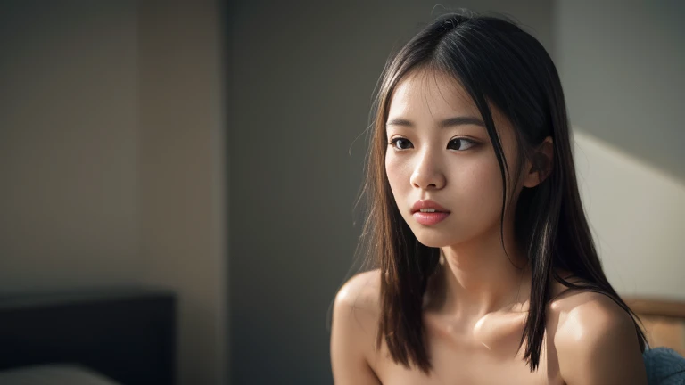 a young japanese girl, full body nude, masterpiece, frontal view, masturbating, pubic hair, sweating, black nipples, petite breasts, climax, skinny, fingering pussy, detailed face, beautiful eyes, beautiful lips, extremely detailed face, long eyelashes, realistic, photorealistic, 8k, best quality, high resolution, cinematic lighting, dramatic lighting, warm color tones, cinematic composition, digital painting、涎を垂らす