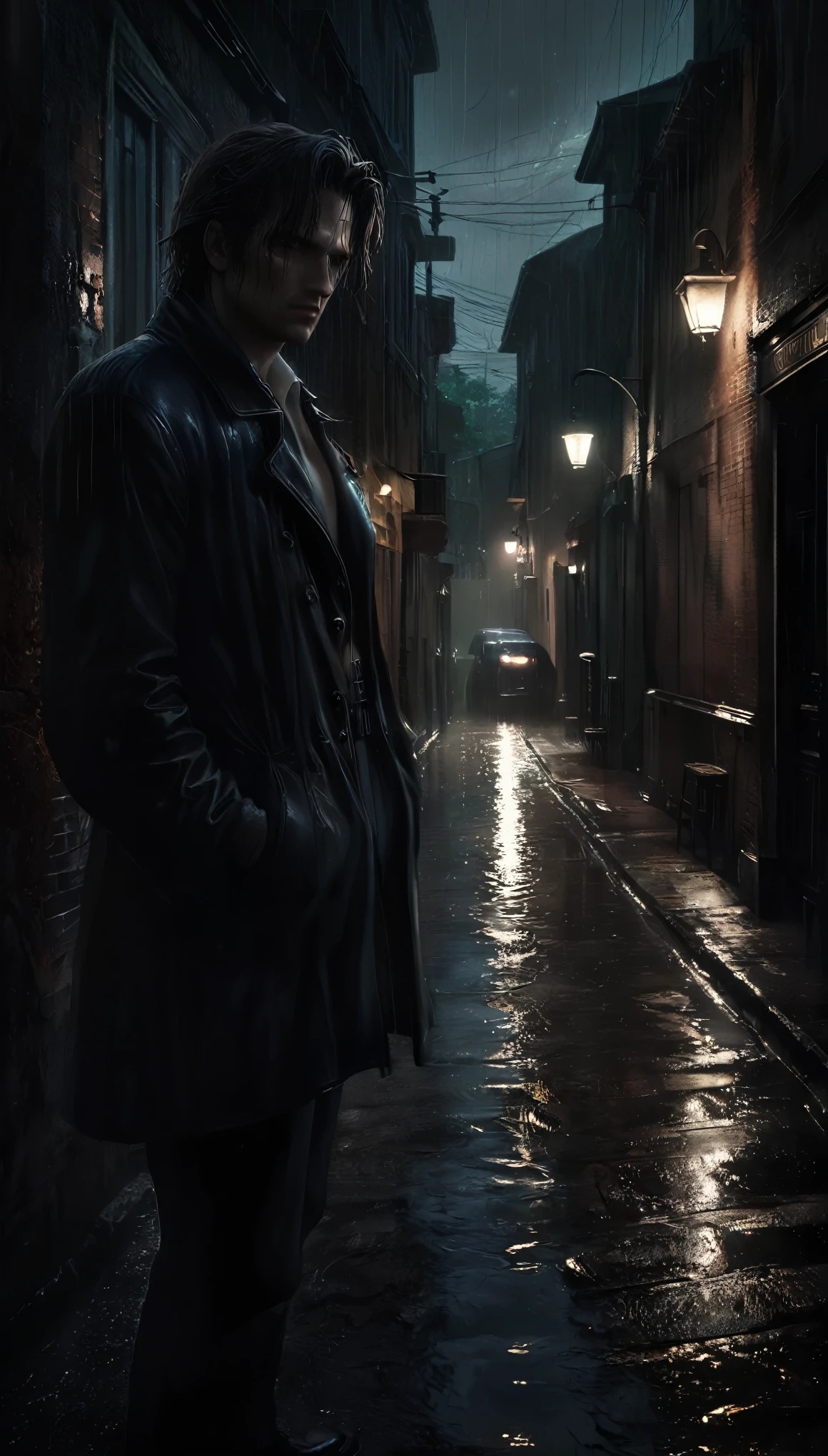 un hombre sentado triste en medio de una calle, desesperación, lluvia torrencial:1.5,a sad, gloomy, melancholic, and somber atmosphere, memories of the past, a wide shot, (best quality,4k,8k,highres,masterpiece:1.2),ultra-detailed,(realistic,photorealistic,photo-realistic:1.37),dramatic lighting, muted color palette, moody, cinematic, atmospheric, introspective, emotive, eznegativexl,