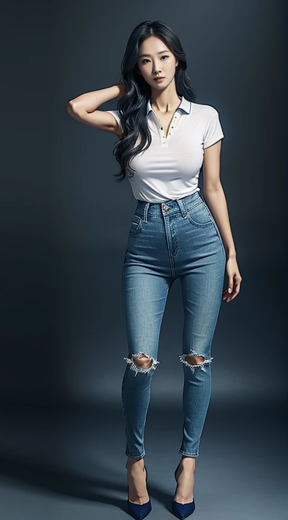 Full Body Photo. Studio Background. 8k HD good quality image. Hot Korean woman has an ideal body, big breast, big butt, sexy wavy body, straight long hair, wearing blue tight polo, tight skinny blue jeans, and blue high heels. FULL BODY FROM HEAD TO TOE. Standing in a FULL HEIGHT FROM HEAD TO TOE. 

The picture must show a complete head to toe picture of the hot Korean