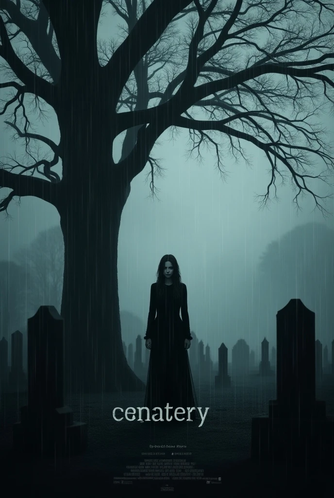 ((masterpiece, highest quality, Highest image quality, High resolution, photorealistic, Raw photo, 8K)), ((Extremely detailed CG unified 8k wallpaper)), Gothic horror movie poster, black and white photo, title "Cemetery" written at the bottom of the photo, rainy cemetery, woman in black clothes standing under a big tree, long shot, rainy and hazy landscape, sad atmosphere,