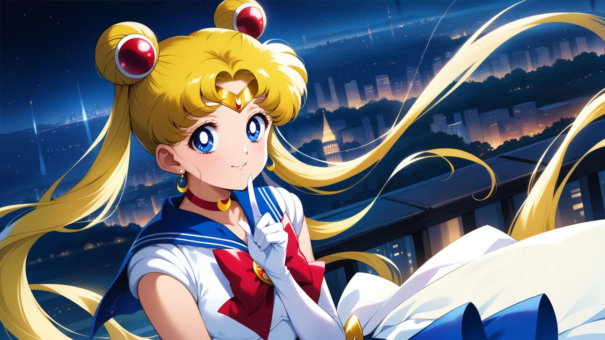 (masterpiece, best quality, very aesthetic,  ultra detailed ), complex details, 4K, , long hair, double bun, Bangs with parting, a tiara, earrings, Blue eyes, red choker, blue sailor collar, red bow, white shirt,  elbow gloves , white gloves, blue skirt, smile, Shushing,  upper body, city night background, Princess Serenity, Smile, Blushing, 