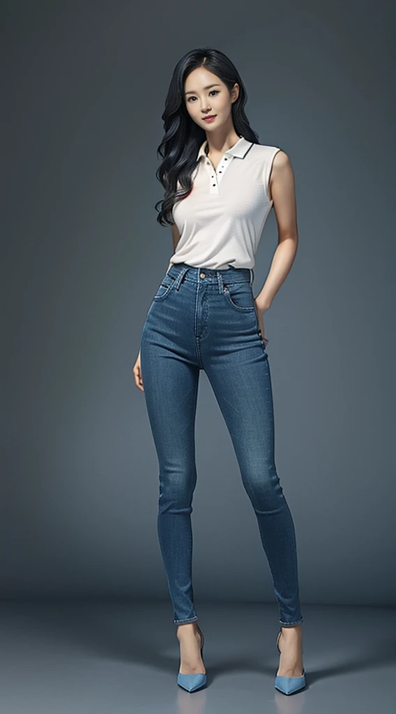 Full Body Photo. Studio Background. 8k HD good quality image. Hot Korean woman has an ideal body, big breast, big butt, sexy wavy body, straight long hair, wearing blue tight polo, tight skinny blue jeans, and blue high heels. FULL BODY FROM HEAD TO TOE. Standing in a FULL HEIGHT FROM HEAD TO TOE. 

The picture must show a complete head to toe picture of the hot Korean