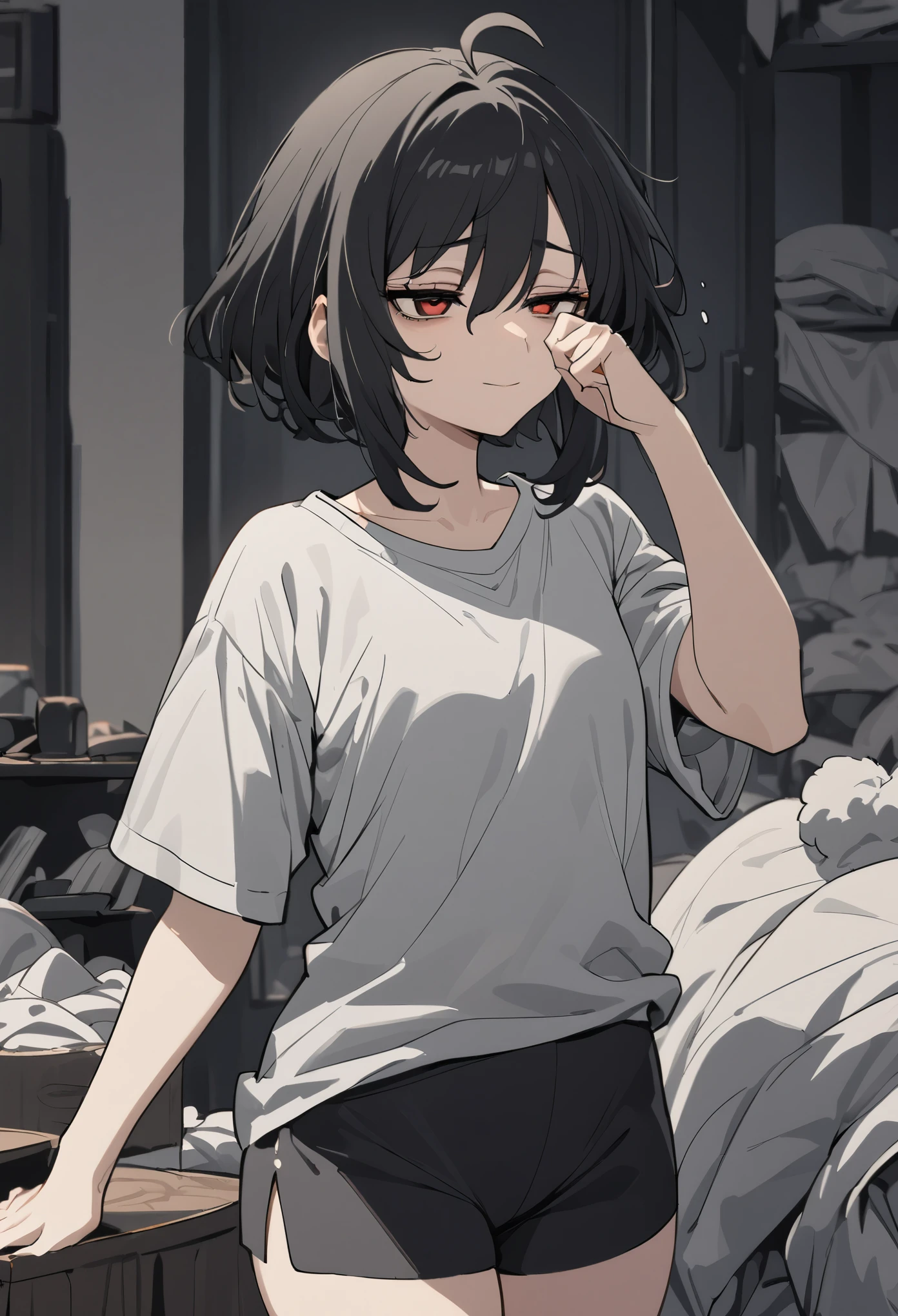 (high-quality, breathtaking),(expressive eyes, perfect face) 1girl, female, solo, mature, half open eyes, Alicization, Symmetrical Eyes, gentle smile, Short hair, SAO inspired, maomao, cowboy shot, medium full shot, short black hair, bangs, alluring red eyes, flat chested, baggy T-shirt, black white and gray palette, gray clothes, hair between eyes, fluffy wavy hair, half open eyes, small Ahoge, black hair color, messy room background, black shorts, sleepy face, rubbing one eye with hand, tired expression, bags under her eyes.