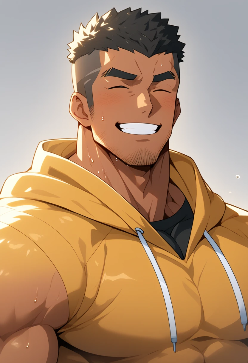 Black person, anime characters：Gyee, Young Muscle Sports Sexy Teacher, sweat, negro black skin, Manliness, male focus, yellow black hooded sports sweatshirt, Wear a black high-necked tights inside, Very tight, muscular male, muscular, only, Upper body, Brown short hair, Thick eyebrows, stubble, Grey background, simple background, amazing quality, best aesthetics, Ridiculous, bright pupils, crew cut, parted lips, Show your teeth, Embarrassed giggles, He smiled and narrowed his eyes, Squinting smile, best quality