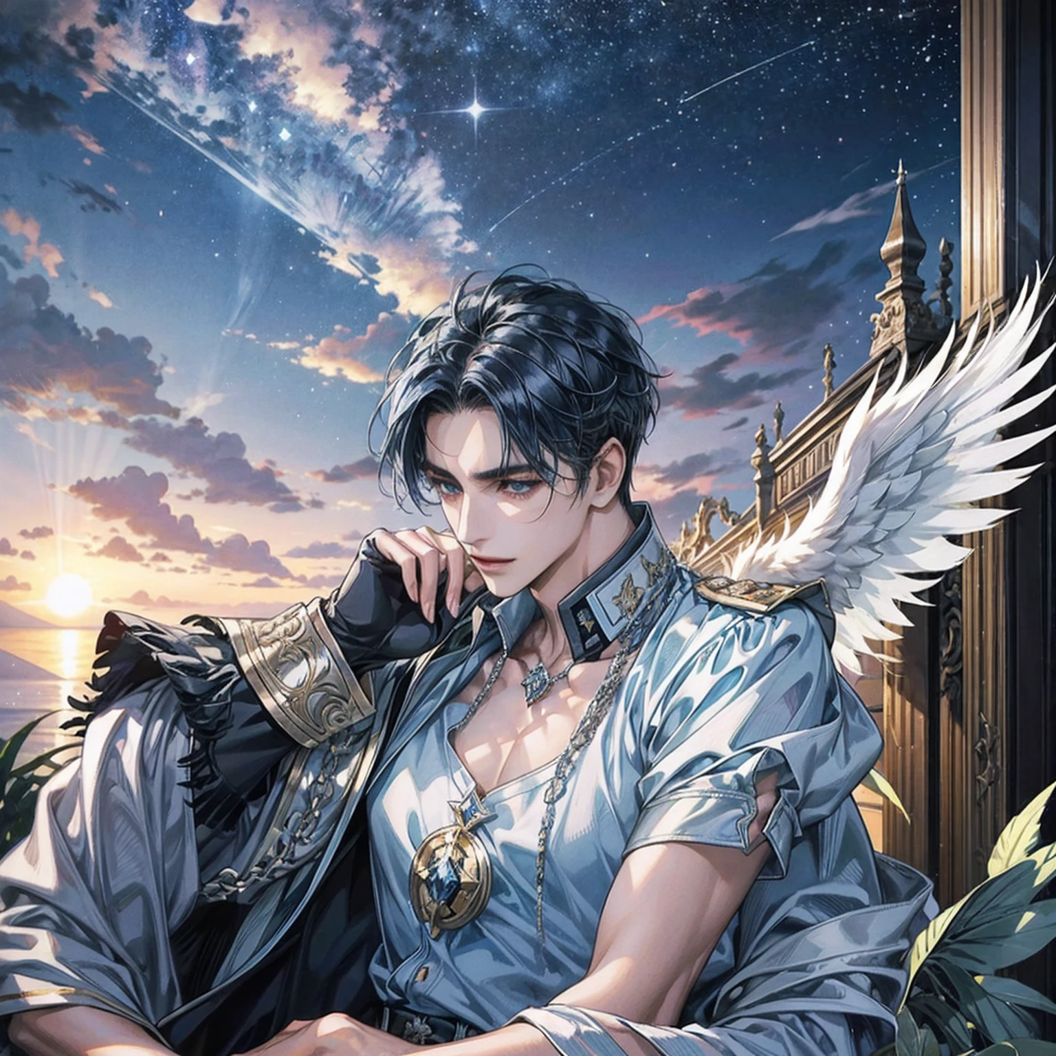 Homem jovem lindo e musculoso, anjo, Broken wings on hands, serious look, sangue saindo das asas, cabelo escuro muito curto, Black Scenery, olhos escuros azuis, face ator Build Jakapan, Build Jakapan Putha