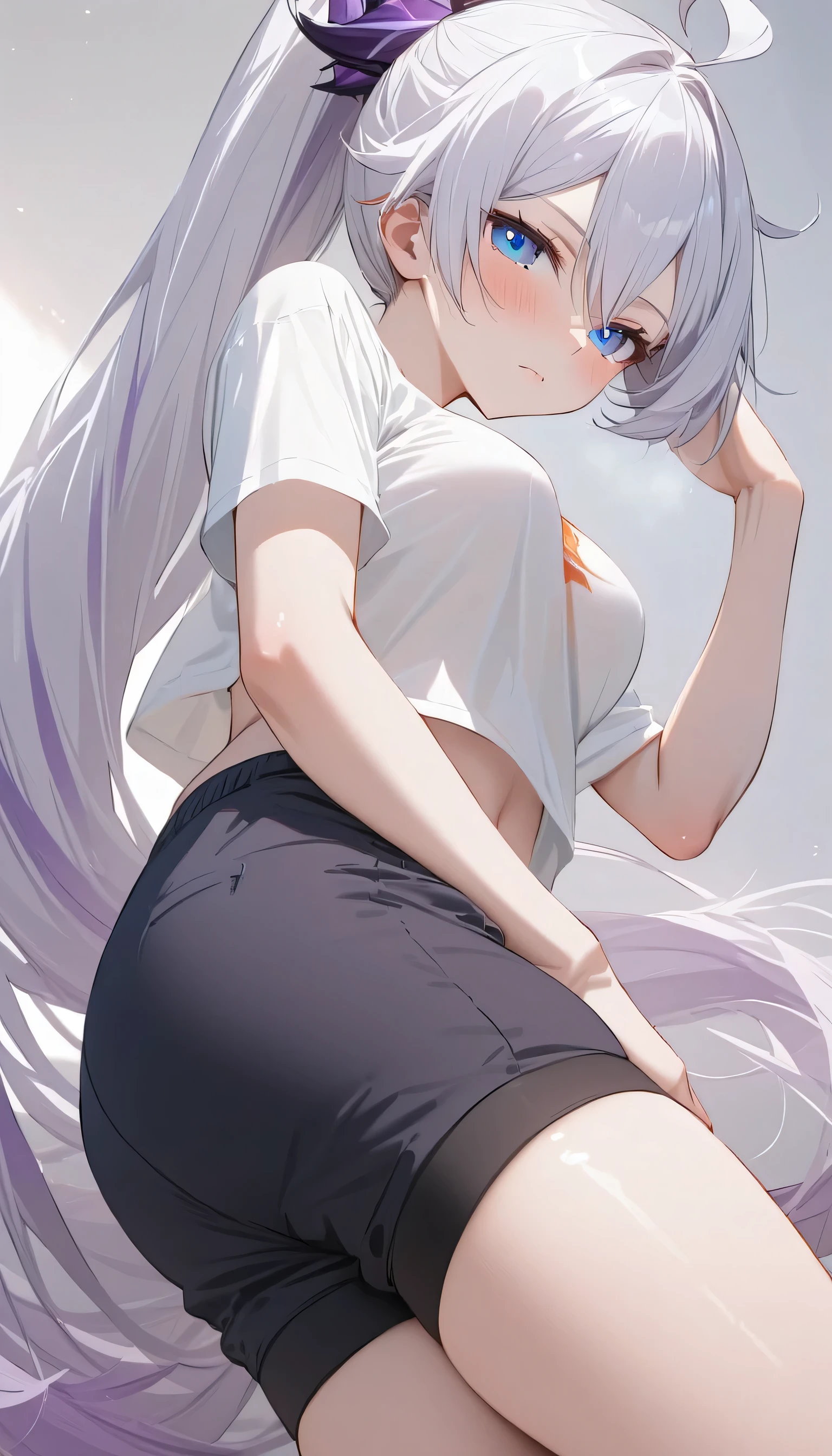 masterpiece, ultra HD, high-resolution, detailed, (highly detailed:1.5), (sharp focus:1.4), (crisp edges:1.3), 1girl, 20 year old woman, kiana kaslana \(honkai impact 3rd\), herrscher of finality, white hair, ahoge, ponytail, very long hair, blue eyes, purple pupils, medium breast, skinny skin, blush, closed mouth, heavy breathing, (sportswear:1.5), (cropped loose t-shirt:1.4), (black shorts:1.6), (athletic wristband:1.4), (thigh strap:1.5), (tennis racket:1.6), (tennis ball:1.5), (casual sports style:1.5), (minimalistic accessories:1.4), (midriff exposed:1.5), (sporty elegance:1.4), (fitness chic:1.4), (relaxed fit:1.5), outdoor