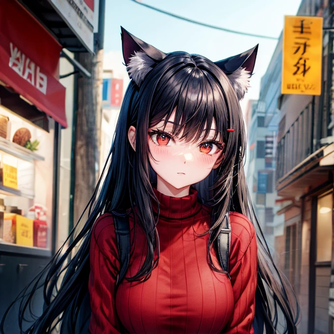 Sweater clothes　　 Black Hair 　　　Red Eye　Cat ears