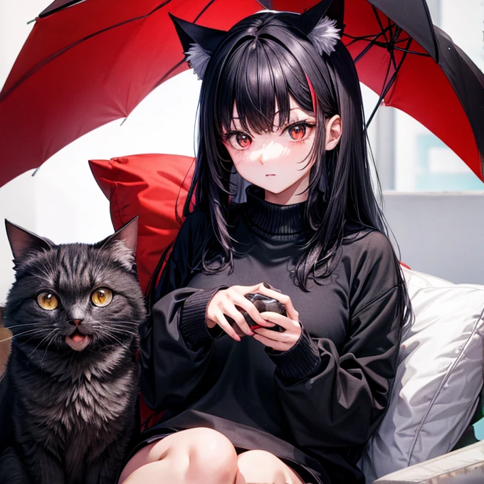 Sweater clothes　　 Black Hair 　　　Red Eye　Cat ears