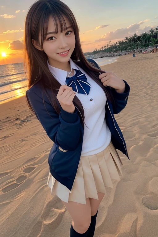  idol looking cool ,Long Hair , STRAIGHT HAIR, Round face, Smile ,jacket,stockings,mini skirt,school uniform ,，Beautiful costumes with great attention to detail, As shown in the picture ,Looking at Viewer(camera),（heart hands∶1.5),cowboy shot,golden sand beach at sunset,