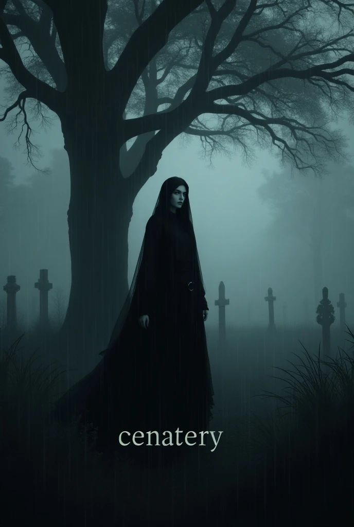 ((masterpiece, highest quality, Highest image quality, High resolution, photorealistic, Raw photo, 8K)), ((Extremely detailed CG unified 8k wallpaper)), Gothic horror movie poster, black and white photo, title "Cemetery" written at the bottom of the photo, rainy cemetery, woman in black clothes standing under a big tree, wearing a black veil, bride in black, long shot, misty landscape, sad atmosphere,