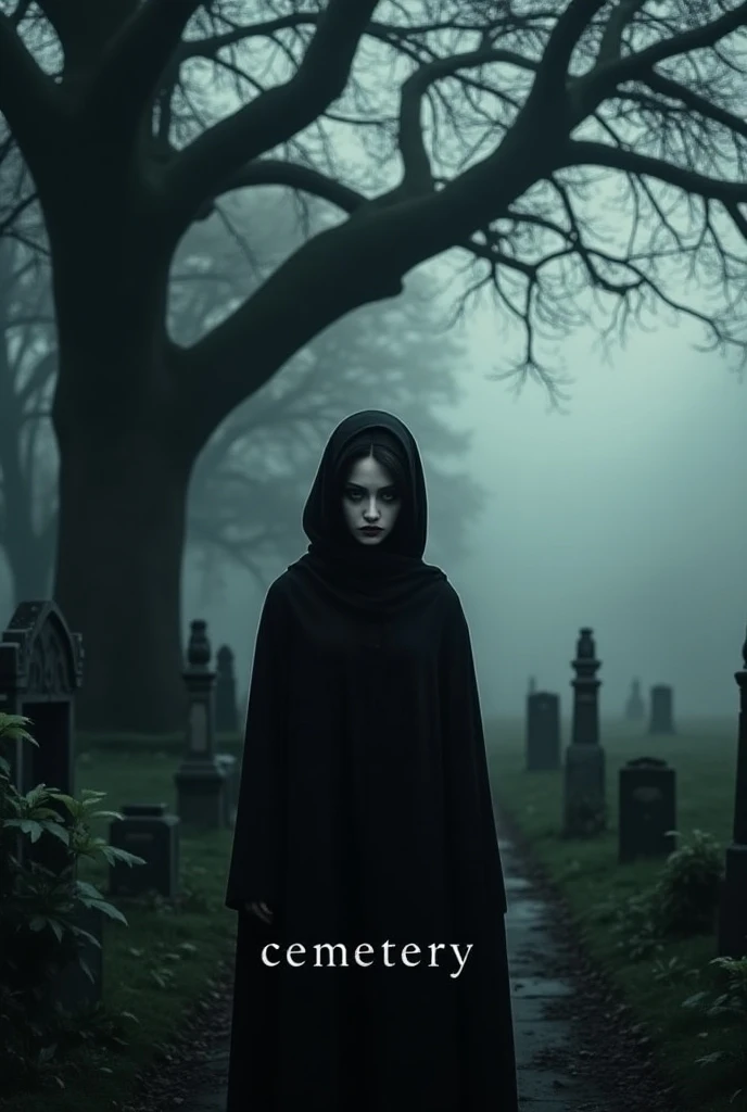 ((masterpiece, highest quality, Highest image quality, High resolution, photorealistic, Raw photo, 8K)), ((Extremely detailed CG unified 8k wallpaper)), Gothic horror movie poster, black and white photo, title "Cemetery" written at the bottom of the photo, rainy cemetery, woman in black clothes standing under a big tree, wearing a black veil, bride in black, long shot, misty landscape, sad atmosphere,