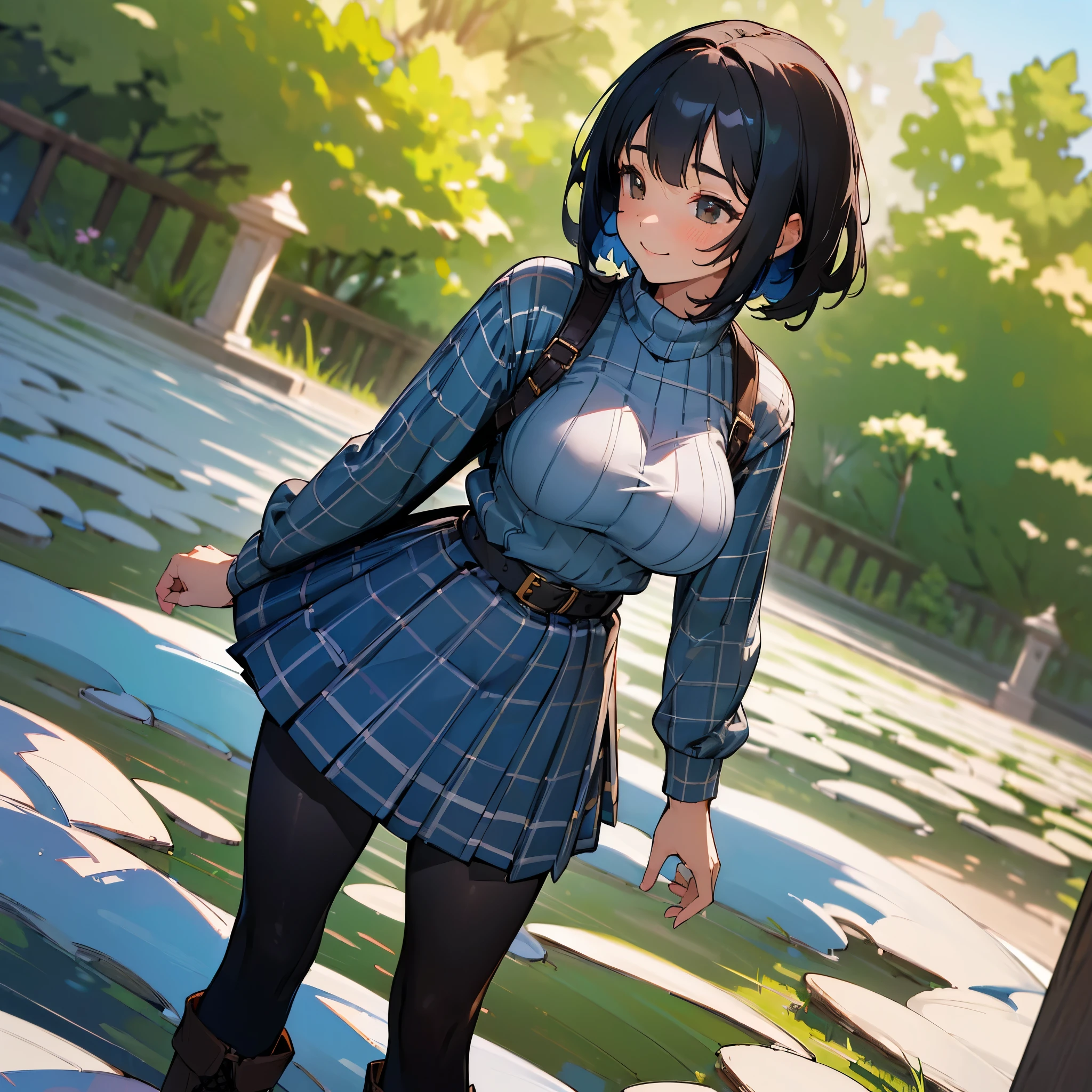 (high quality, High resolution, Very detailed, reality:1.37), Peaceful atmosphere, (Outdoor, garden), teenage girl standing alone, (my breasts are big.), Beautiful detail features, Cute Smile, (Black bob hair), Short sleeve ribbed sweater, Blue Skirt, black tights, Brown boots.
