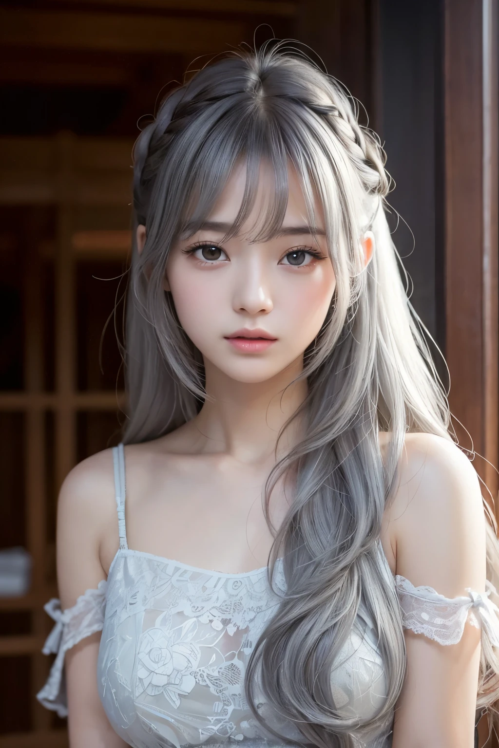 ((((masterpiece, best quality, high resolution)))), Extremely detailed 8K, Beautiful girl with voluptuous body, (Ultra HD, Ultra-detailed, Highly detailed, Highly realistic, Ultra-realistic, photograph realistic), (1girl:1.5), (Realistic white hair), short wavy hair, bob cut, (dynamicposes), facing at camera, light smile, parted lips, purple eyes, average breasts, (beautiful detailed face, beautiful detailed eyes), satin white nightgown, glow, (sunbeam, sunlight)