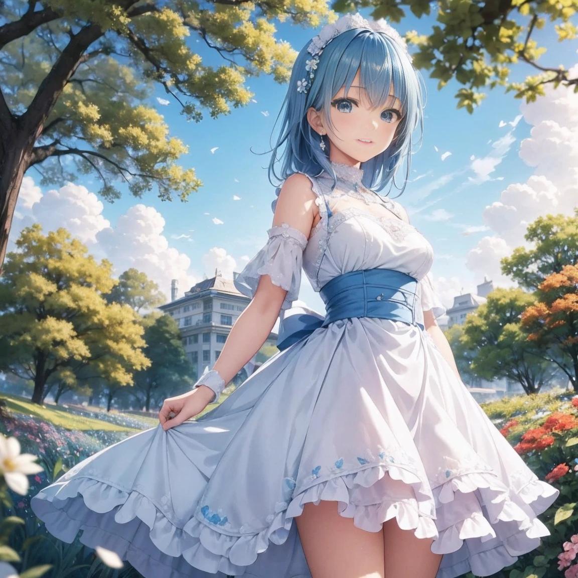 ( high res、Super detailed、 NFFS 、movie)、Alone、1 girl、happiness、Girl Standing In Cosmos Flower Garden、The girl around the petals 、Charming smile、Full Body Espian、 long haired girl with blue hair、light blueの髪、 facing front 、 Fantasy 、Official Art、Pop Art、profile、 very detailed face、 very detailed eyes 、Cosmos Flower Garden、Ultra Detailed Fields、White blue sky、 light blue、Blanche、Nebula in the sky、Autumn leaves landscape、 Watercolor 、Pastel colors