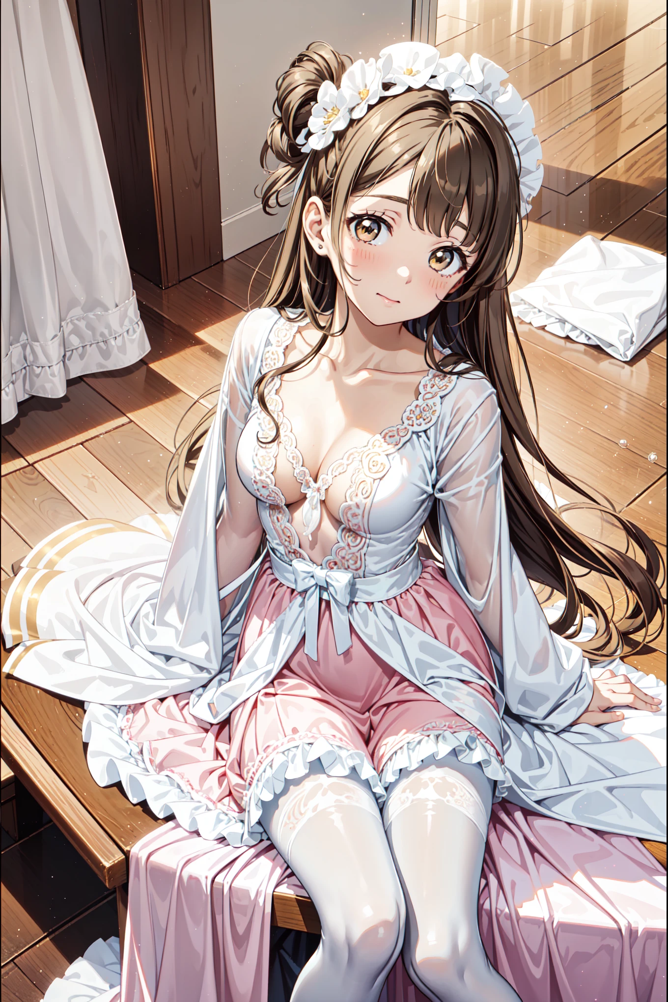  Girls，，have fun，in love，(Girl in white modern shirt and robe，Wearing pantyhose:1.2)，(Black Ruffle Bow Gloves)，Lace，Wrinkles，Bubble Skirt，Lovely decoration，Brown hair，Golden Eyes，White hair sacred headdress，透明Lace，Exquisite clothing，Alone，Mysterious room，(night:1.1)， Delicate and Beautiful Face ，Special hairstyle,Slightly curly hair，Reasonable human body