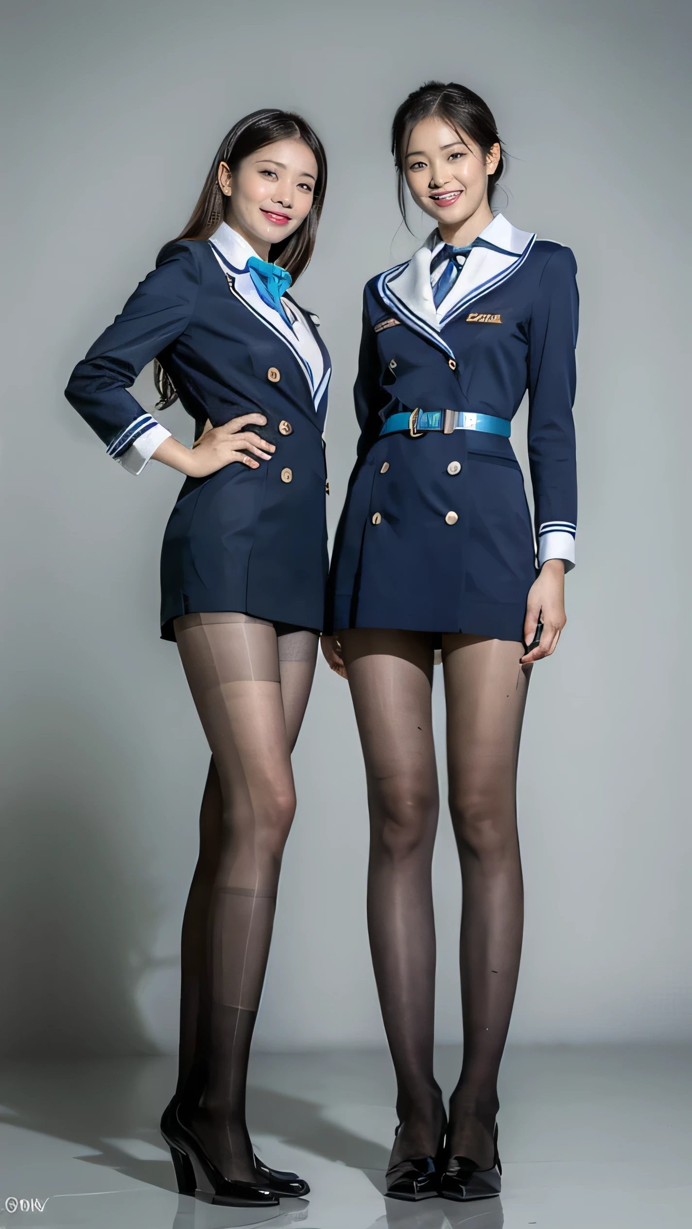 (RAW photo:1.2), (Reality:1.4), Beautiful and delicate woman, Very Detailed eyes and faces, A pair of sharp eyes, super detailed , high resolution, Very Detailed , best quality on the tree, 8K, masterpiece, best quality on the tree, group of girls posing for a group photo, Airline stewardess, photo shoot, Airline stewardess uniform, Gray pantyhose, Black shoes, High heel, A bright smile, Standing, Korean makeup, Blue Background, Neon