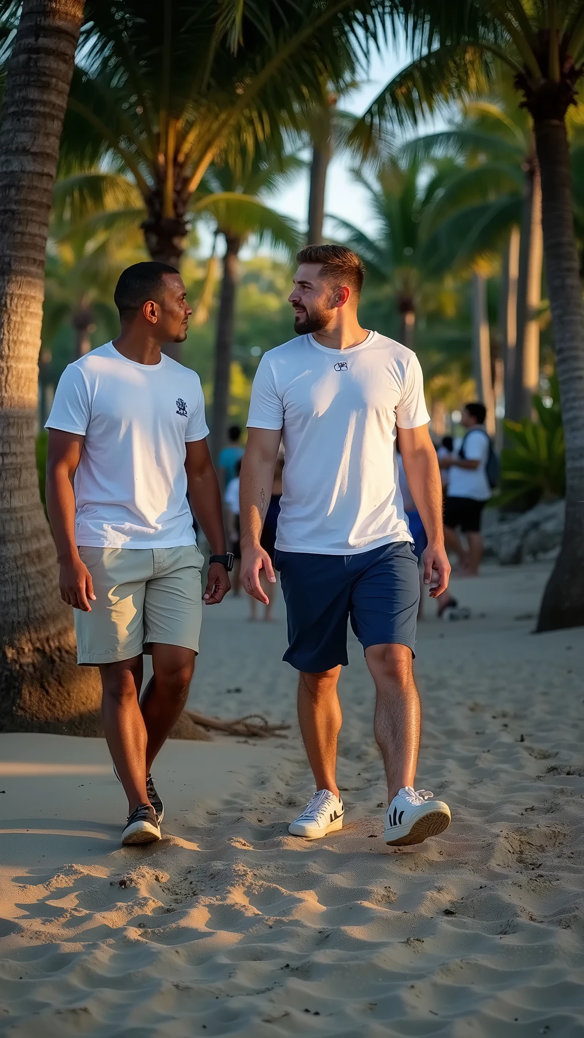 Drawing of men hugging each other,With a sweet smile,One of them has a mustache,Height 180 cm,Black buzz cut,Topless,Dark skin,Eight-pack abs,Black sports shorts,sports shoes,Height 170 cm,Topless,Black short hair,White and tender skin,Eight-pack abs,White sports shorts,sports shoes,The background of two people is the sea and the beach