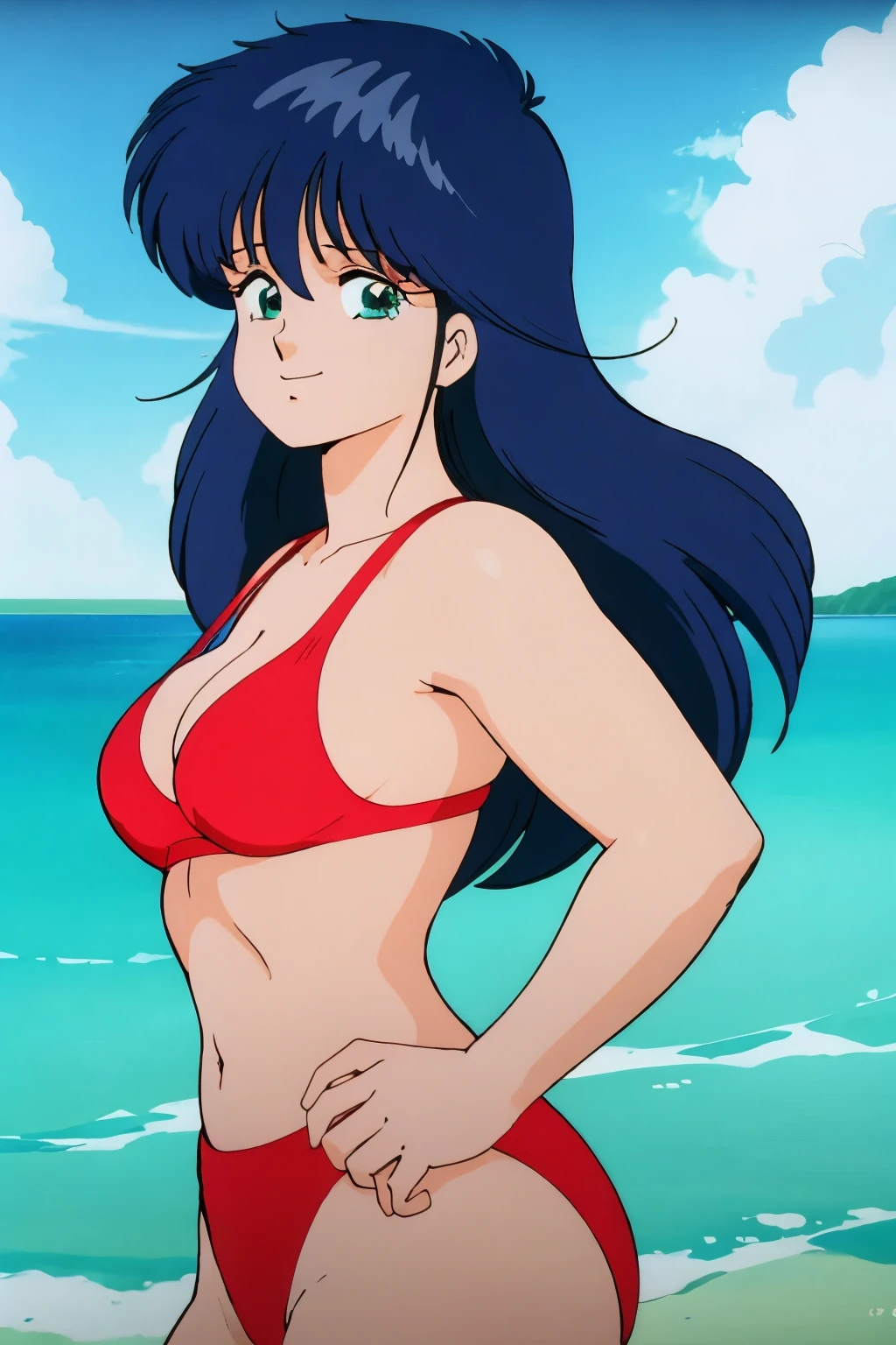 back shot,90's art style, Kodachi Kuno, in the beach, grey eyes, Beautiful eyes, high details, high resolution, 1girl, solo, realistic, thong,ass