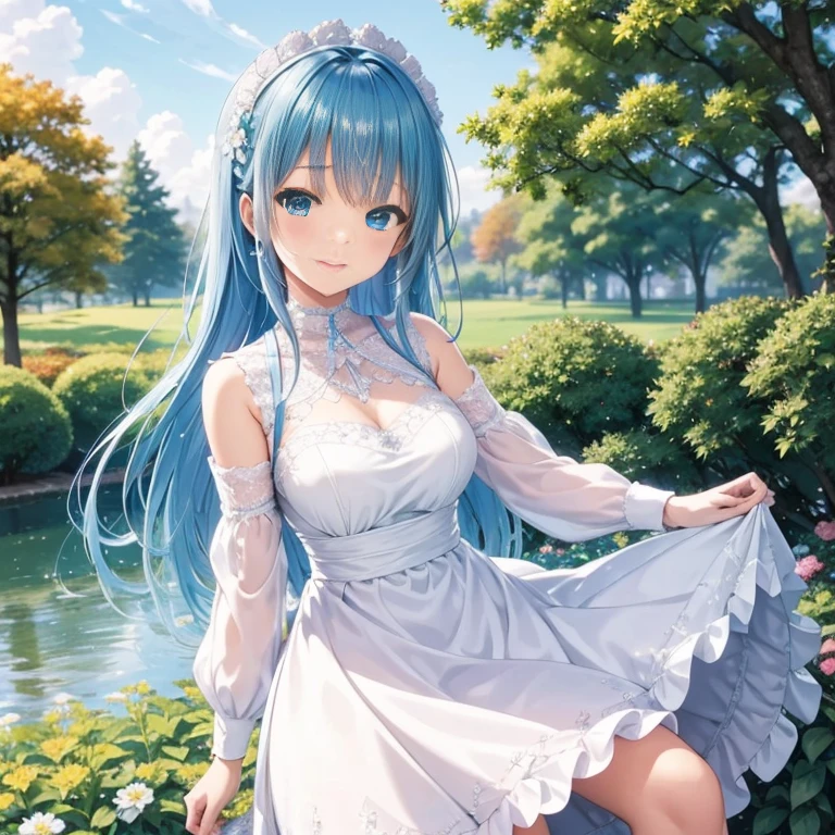 ( high res、Super detailed、 NFFS 、movie)、Alone、1 girl、happiness、Girl Standing In Cosmos Flower Garden、The girl around the petals 、Charming smile、Full Body Espian、 long haired girl with blue hair、light blueの髪、 facing front 、 Fantasy 、Official Art、Pop Art、profile、 very detailed face、 very detailed eyes 、Cosmos Flower Garden、Ultra Detailed Fields、White blue sky、 light blue、Blanche、Nebula in the sky、Autumn leaves landscape、 Watercolor 、Pastel colors