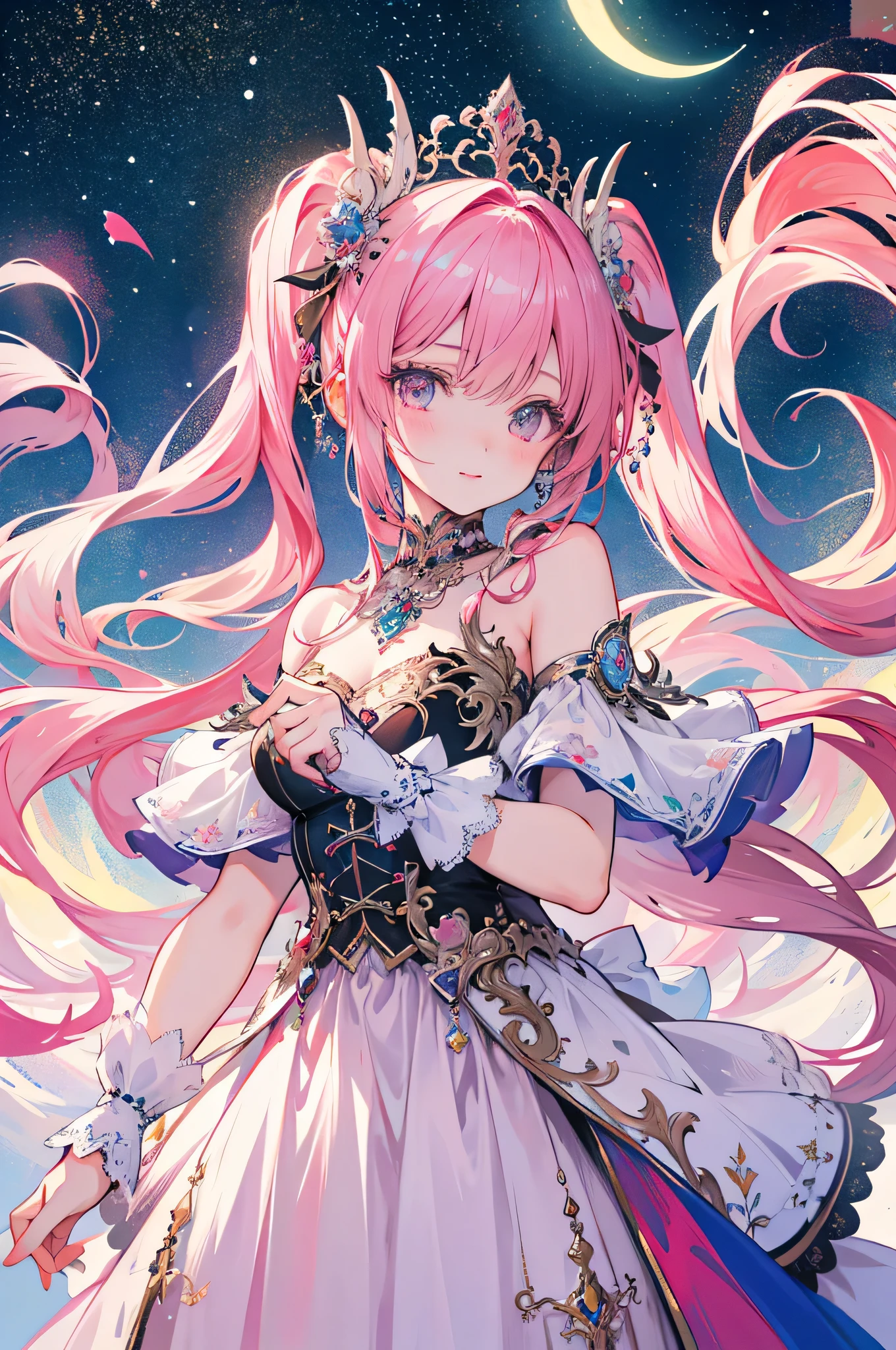 (8k, Best Quality, masterpiece: 1.2)(Realistic, photo Realistic: 1.37)8k wallpaper, Ultra-detailed, Beautiful and Visually Appealing , masterpiece, Best Quality, Silent Moon Princess, (elegant and intricate hairstyles, Long twin tails,Pink Hair), The best smile,Crescent Moon, dynamic angle, Cowboy shooting, Most Beautiful Chaotic Shapes , elegant, Cubist Art :1.3, Vibrant colors, Romanticism, , Northern Lights.