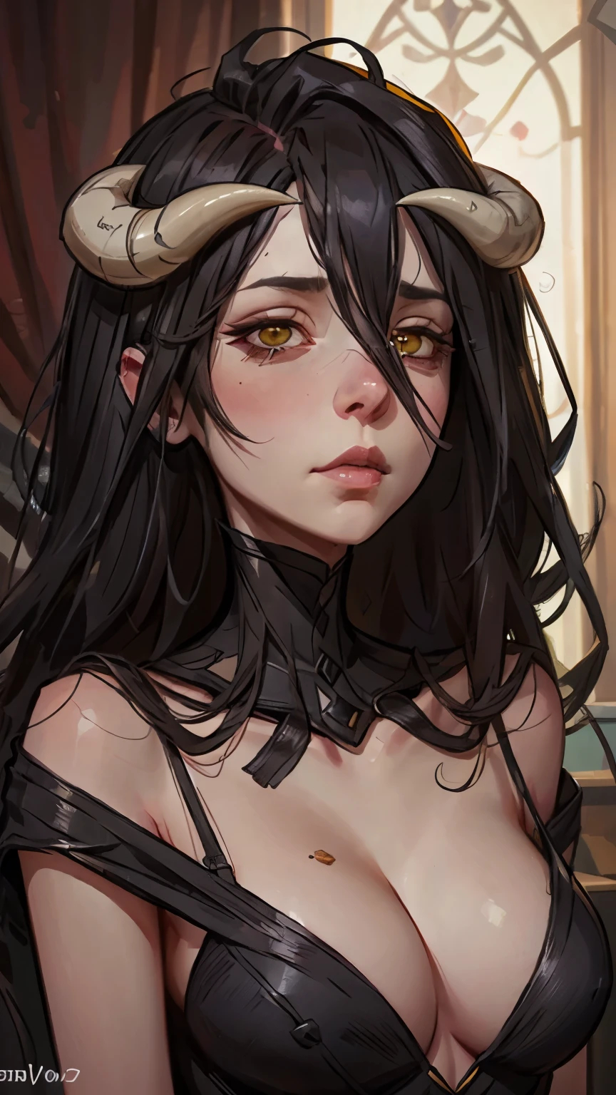 Albedo, heroine of the anime "Overlord", beautiful mature woman, dark costume, sweet face, embarrassed face, cinematic lighting, side lighting, sharp focus, beautiful details, detailed and delicate, detailed texture, realistic facial expression, realistic and colorful, delicate