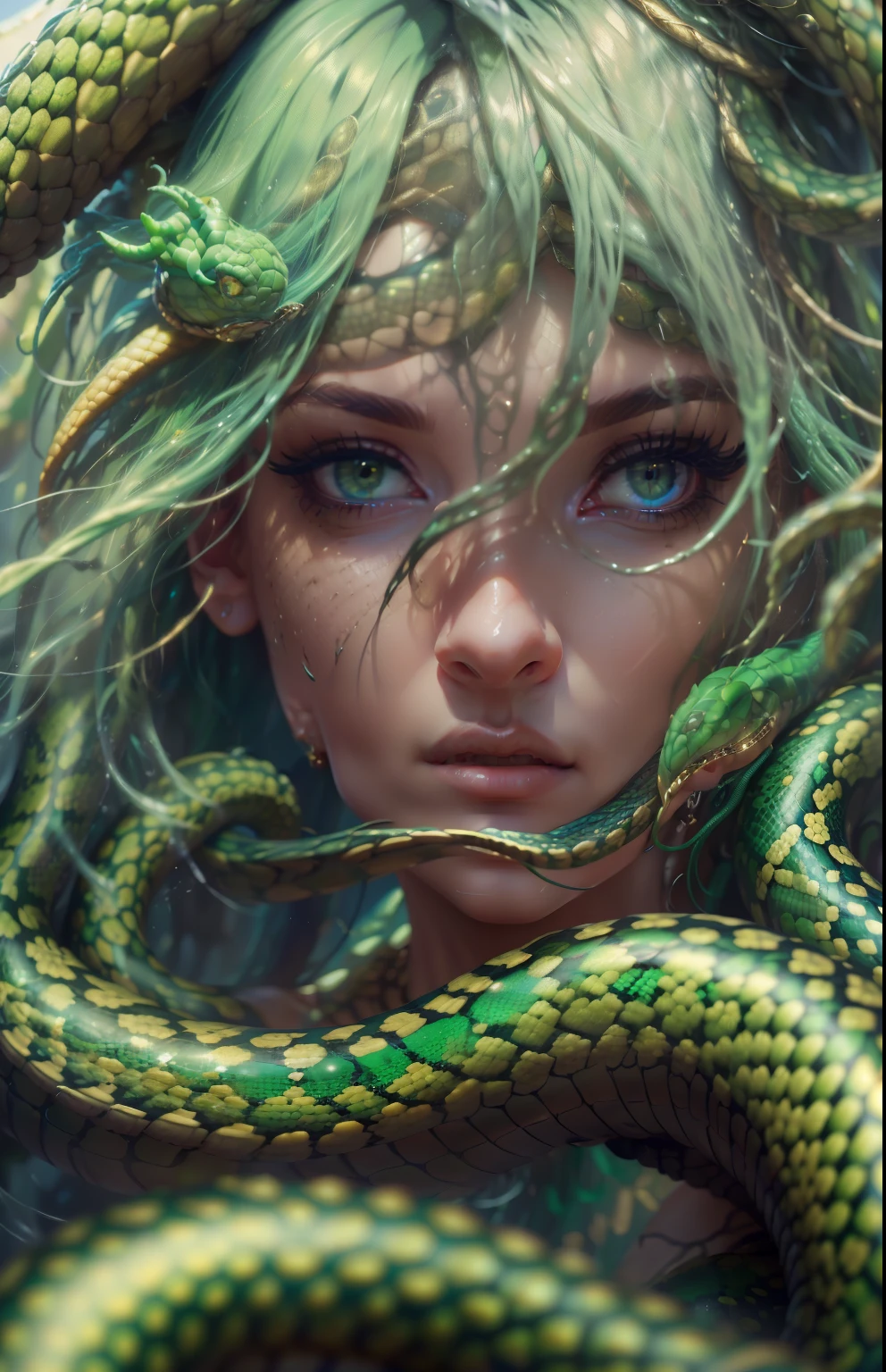 ((best quality)), ((rhyme-work)), ((realistic)), Medusa, full body, The hair is made up of numerous small snakes, green eyes, female face, metal sculpted tabletop, Aura Real, trending on artstation, sharp focus, studio photo, intricate detail, very detailed, detailed eye, Illustration, very detailed, sharp focus, digital rendering, professional, 4K, topless