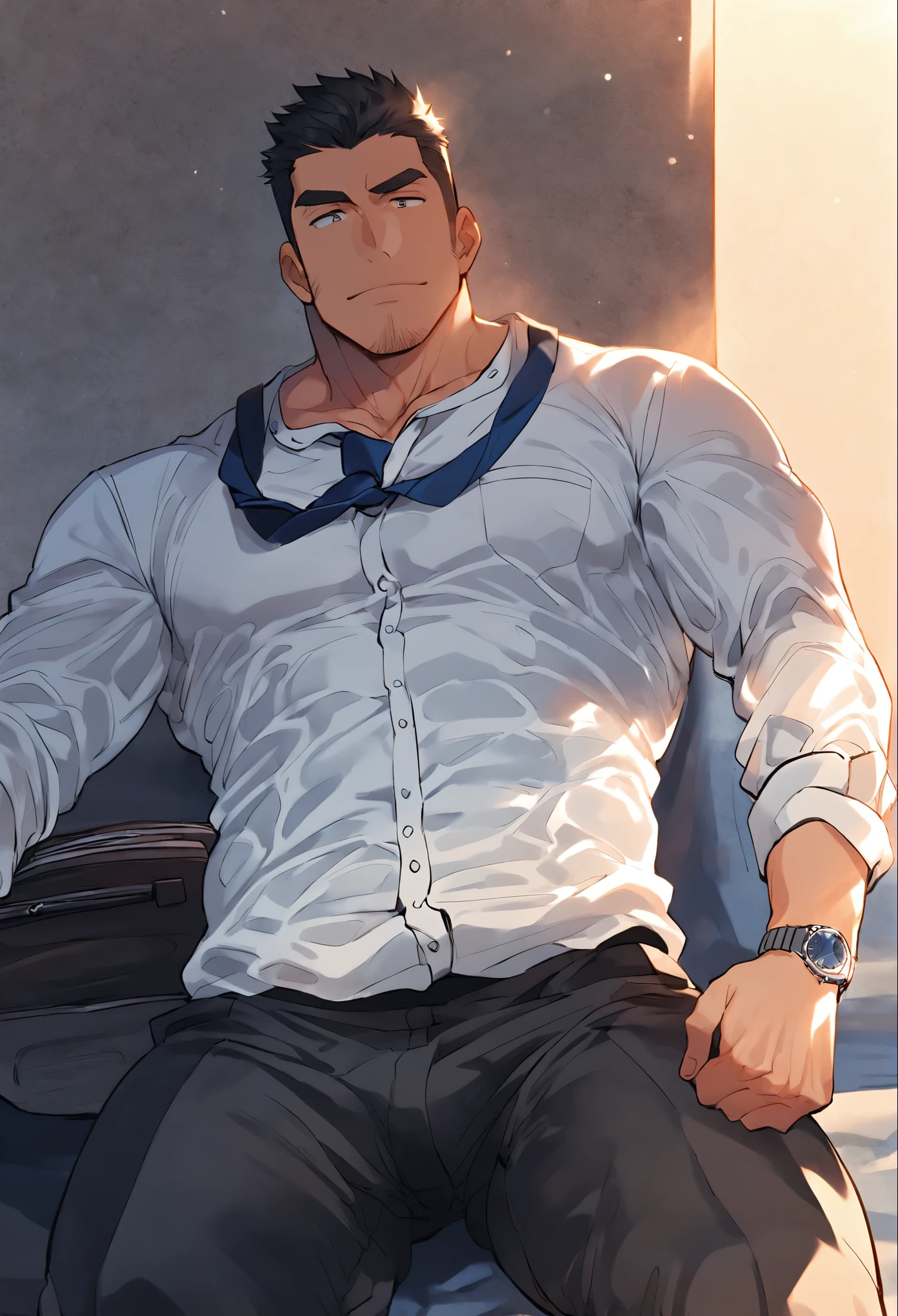 (by dramamine, by haps), mature male, eye scar, old chubby lion, (Brown fur:1.2),middle-age,((black short hair)),((facial beard)),(hi res, best quality, high quality, detailed, shaded, shading, masterpiece:1.2), detailed eyes, detailed clothing, smirk, seductive smile, hairy chest, glasses,inside office,(blue pattern boxers:1.4), (white Open shirt:1.5), (necktie removed),(black socks:1.2)