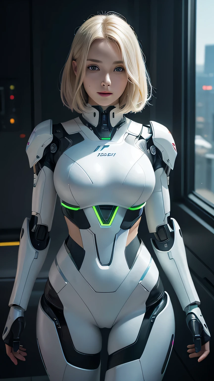 (Best Quality, High resolution, masutepiece:1.2), Ultra-detailed, Realistic:1.37, (Perfect Anatomy),1 girl in, cowboy shot, Cute and beautiful 20 year old Japan woman,(Transform into a Moe robot:1.2),Standing, eye glass,beautiful eyes beautiful skin, detailed facial features, intricate hair, detailed costume, Beautiful lips, (White and mint green biomechanical costume and boots with futuristic design details:1.1), Metal necklace,Futuristic hair ornament, Seductive makeup,,Yellow hair ponytail,Moe Pose、A smile, cyber lab